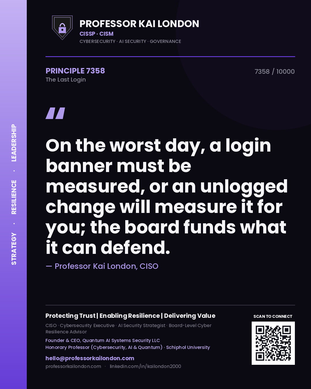Professor Kai London principle 7358: On the worst day, a login banner must be measured, or an unlogged change will measure it for you; the board funds what it can defend.