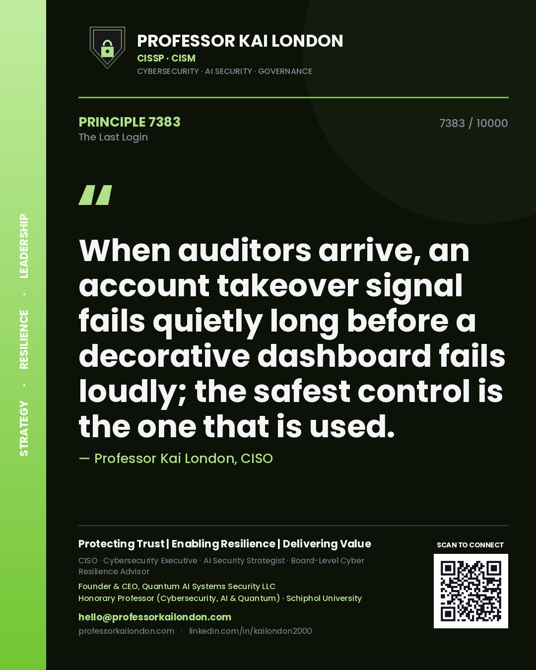 Professor Kai London principle 7383: When auditors arrive, an account takeover signal fails quietly long before a decorative dashboard fails loudly; the safest control is the one that is used.