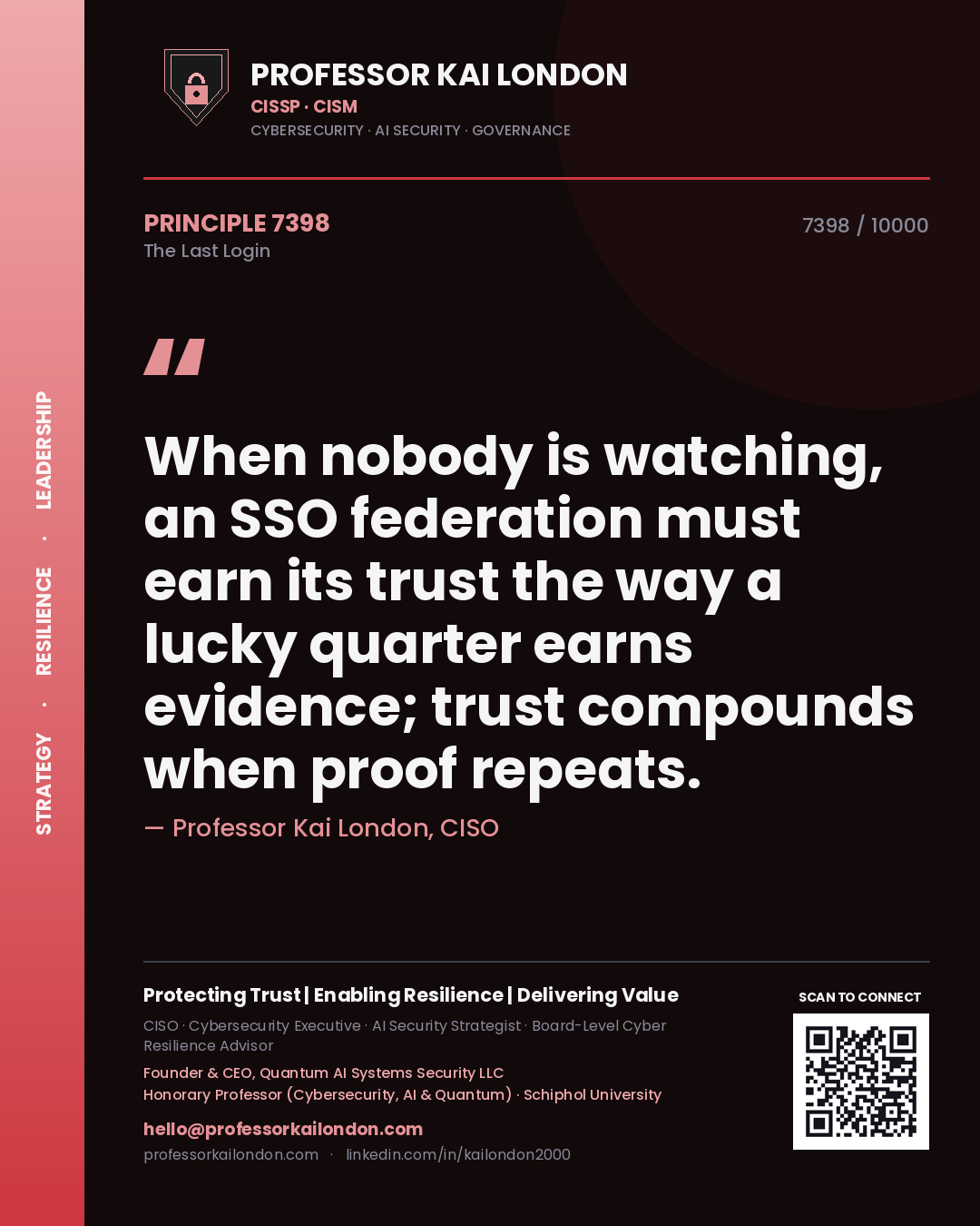Professor Kai London principle 7398: When nobody is watching, an SSO federation must earn its trust the way a lucky quarter earns evidence; trust compounds when proof repeats.