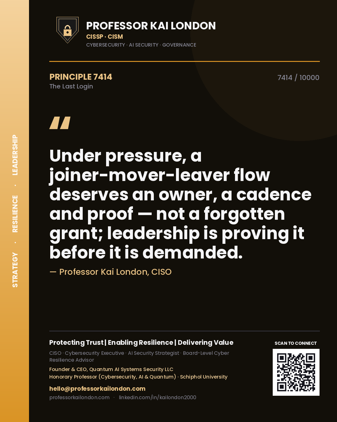 Professor Kai London principle 7414: Under pressure, a joiner-mover-leaver flow deserves an owner, a cadence and proof — not a forgotten grant; leadership is proving it before it is demanded.
