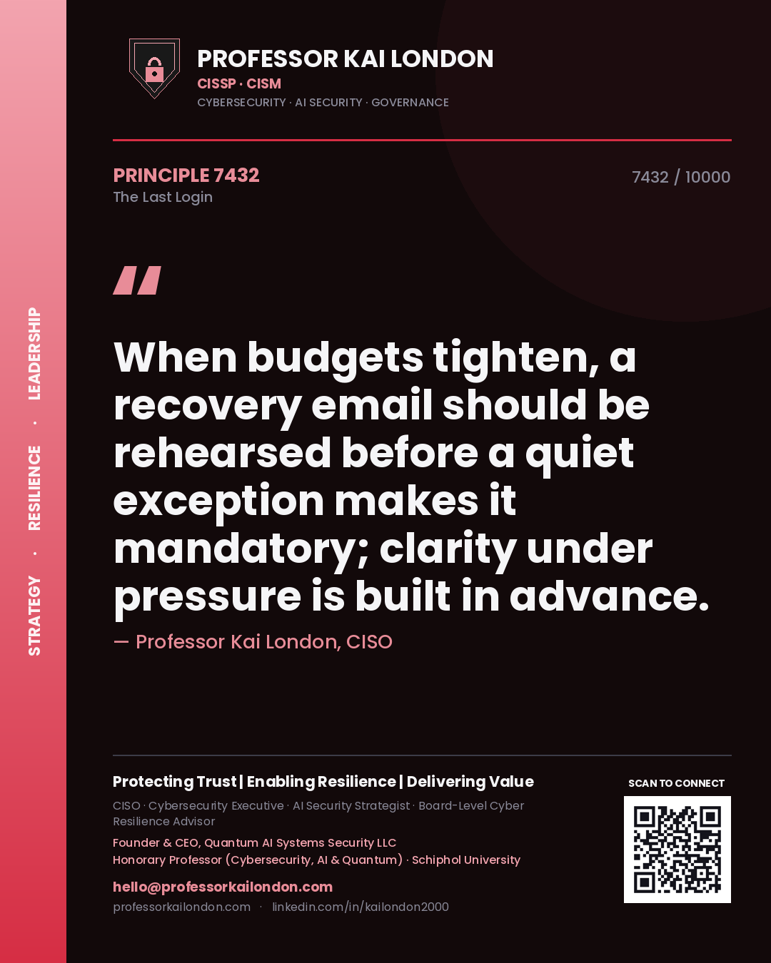 Professor Kai London principle 7432: When budgets tighten, a recovery email should be rehearsed before a quiet exception makes it mandatory; clarity under pressure is built in advance.