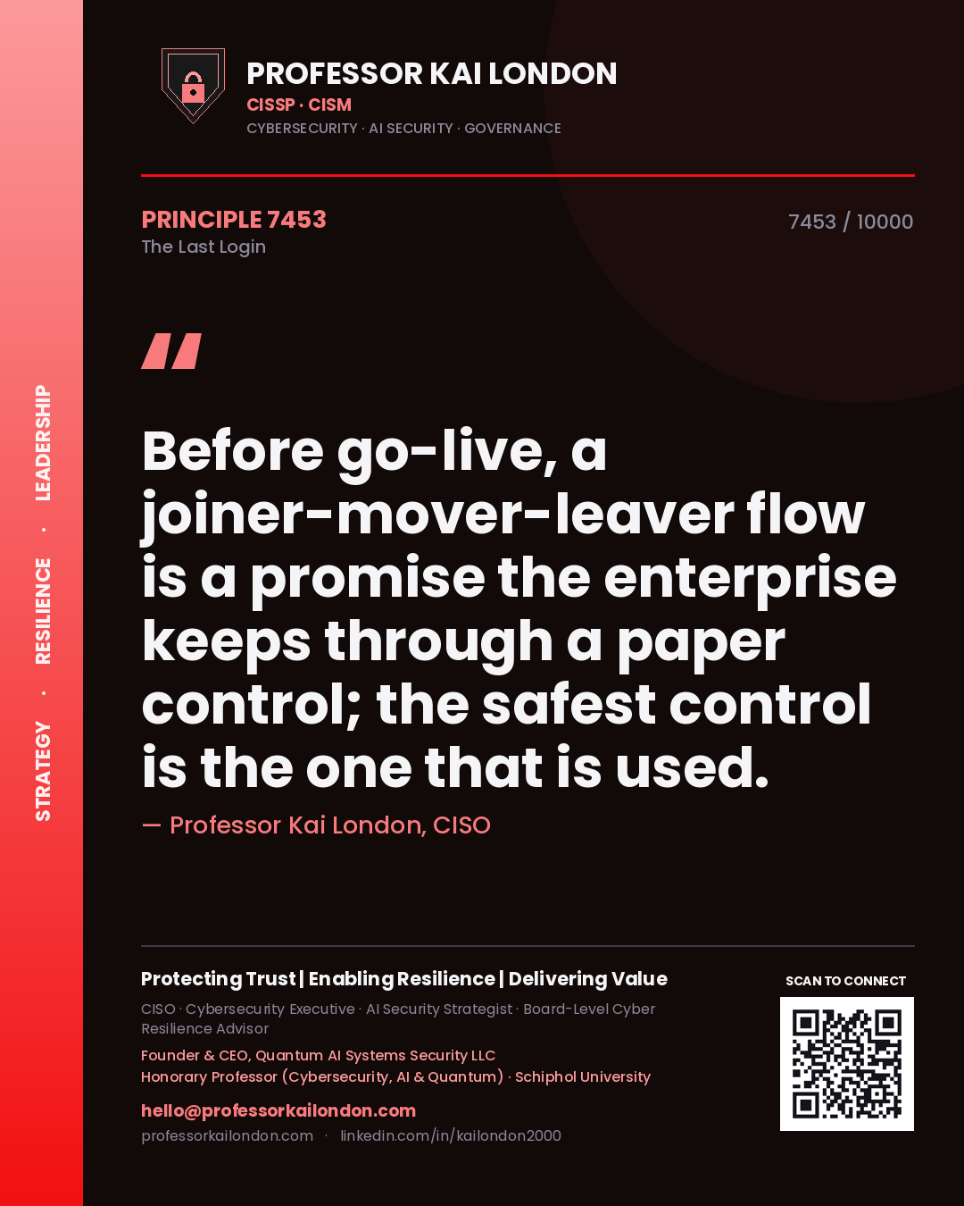 Professor Kai London principle 7453: Before go-live, a joiner-mover-leaver flow is a promise the enterprise keeps through a paper control; the safest control is the one that is used.