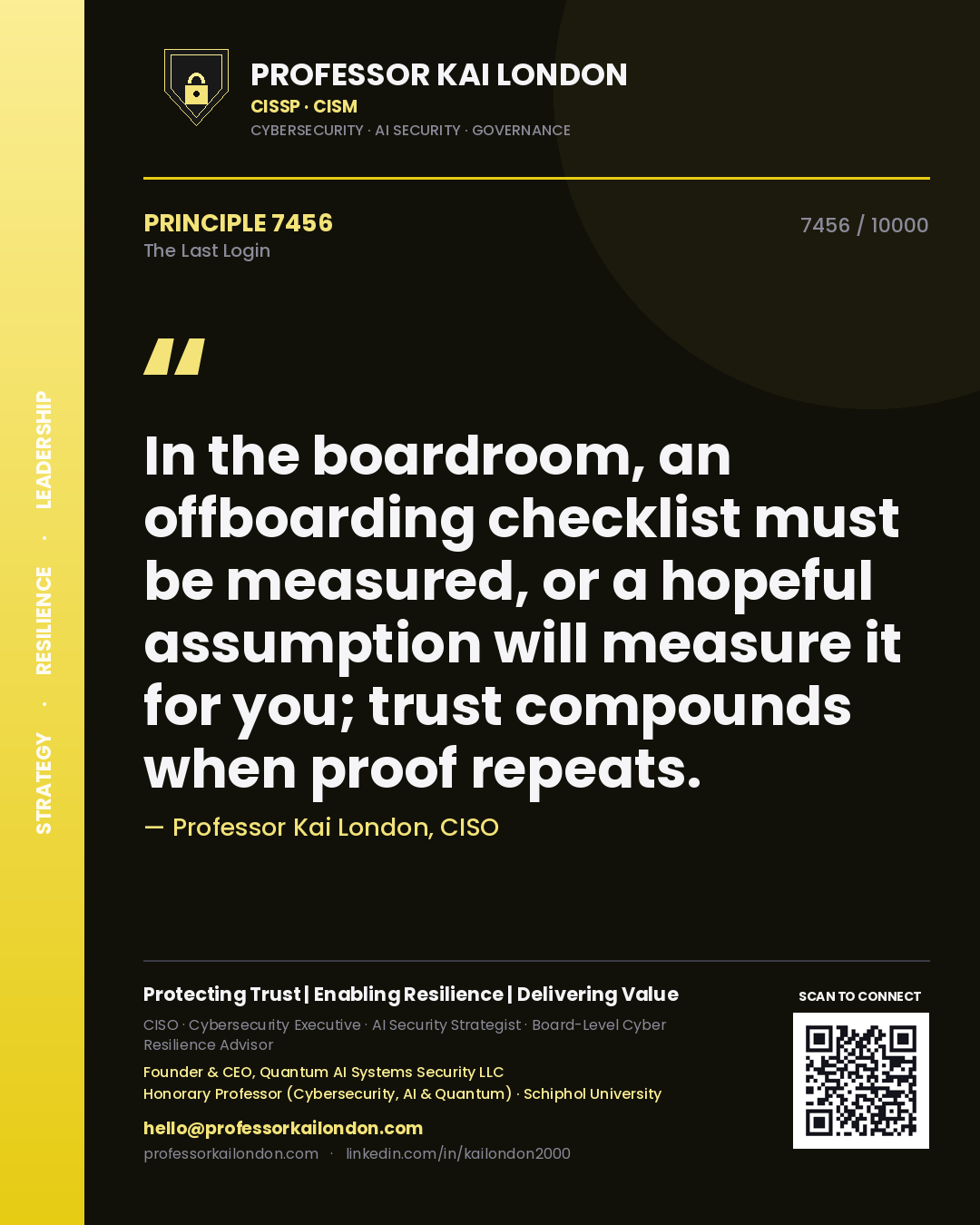 Professor Kai London principle 7456: In the boardroom, an offboarding checklist must be measured, or a hopeful assumption will measure it for you; trust compounds when proof repeats.