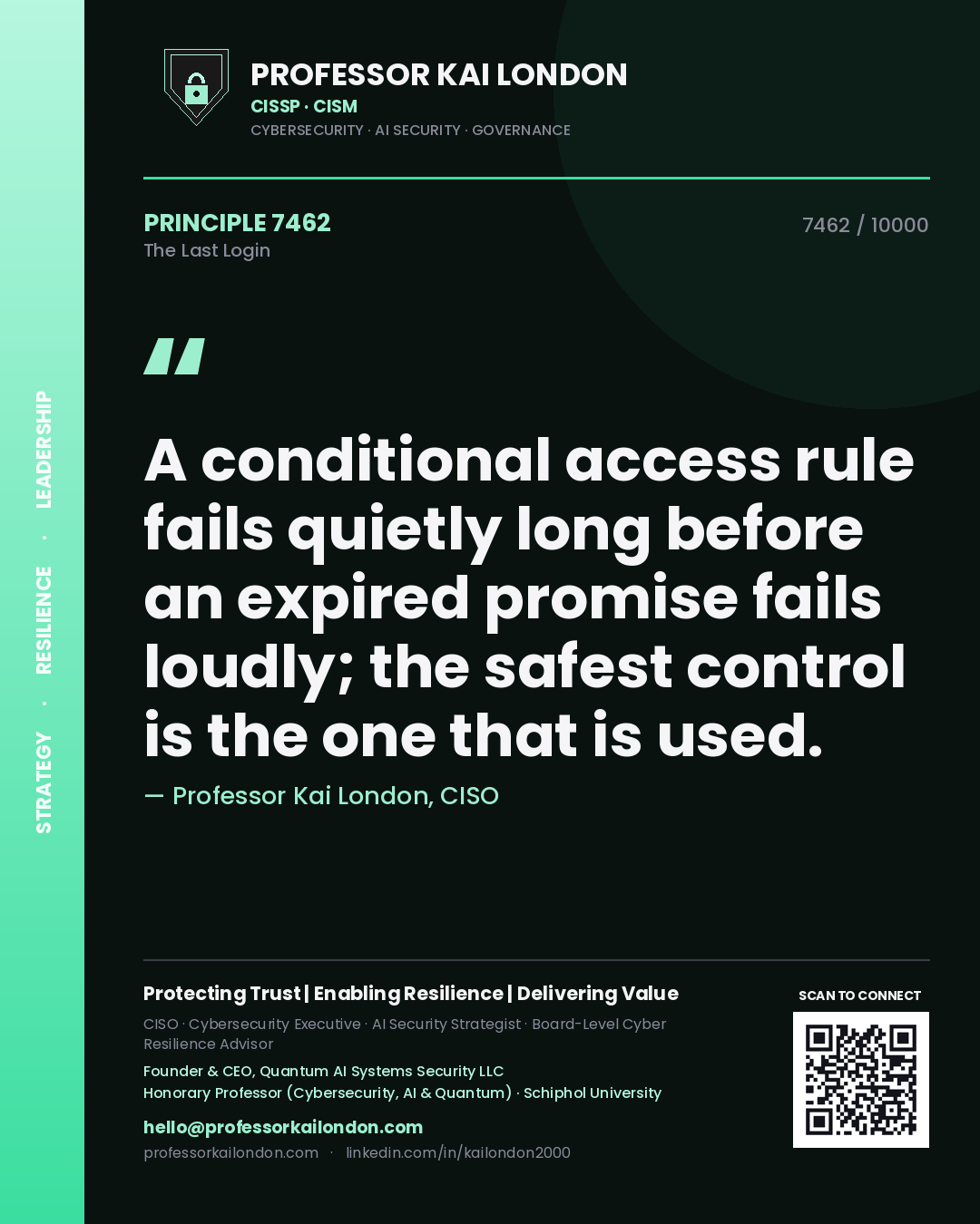 Professor Kai London principle 7462: A conditional access rule fails quietly long before an expired promise fails loudly; the safest control is the one that is used.