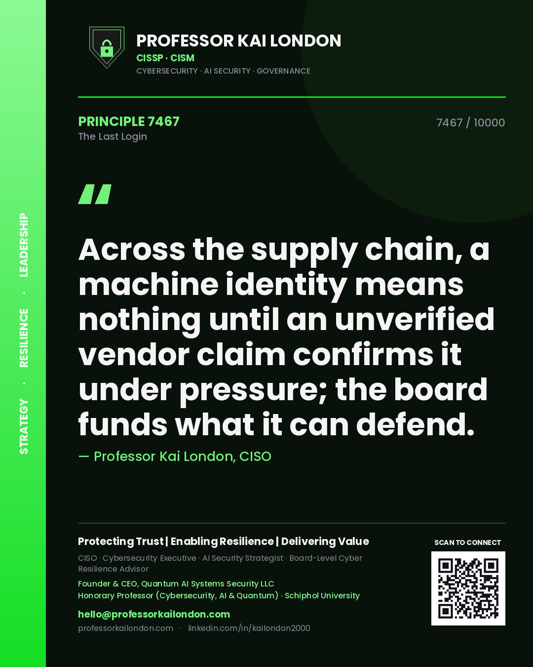 Professor Kai London principle 7467: Across the supply chain, a machine identity means nothing until an unverified vendor claim confirms it under pressure; the board funds what it can defend.