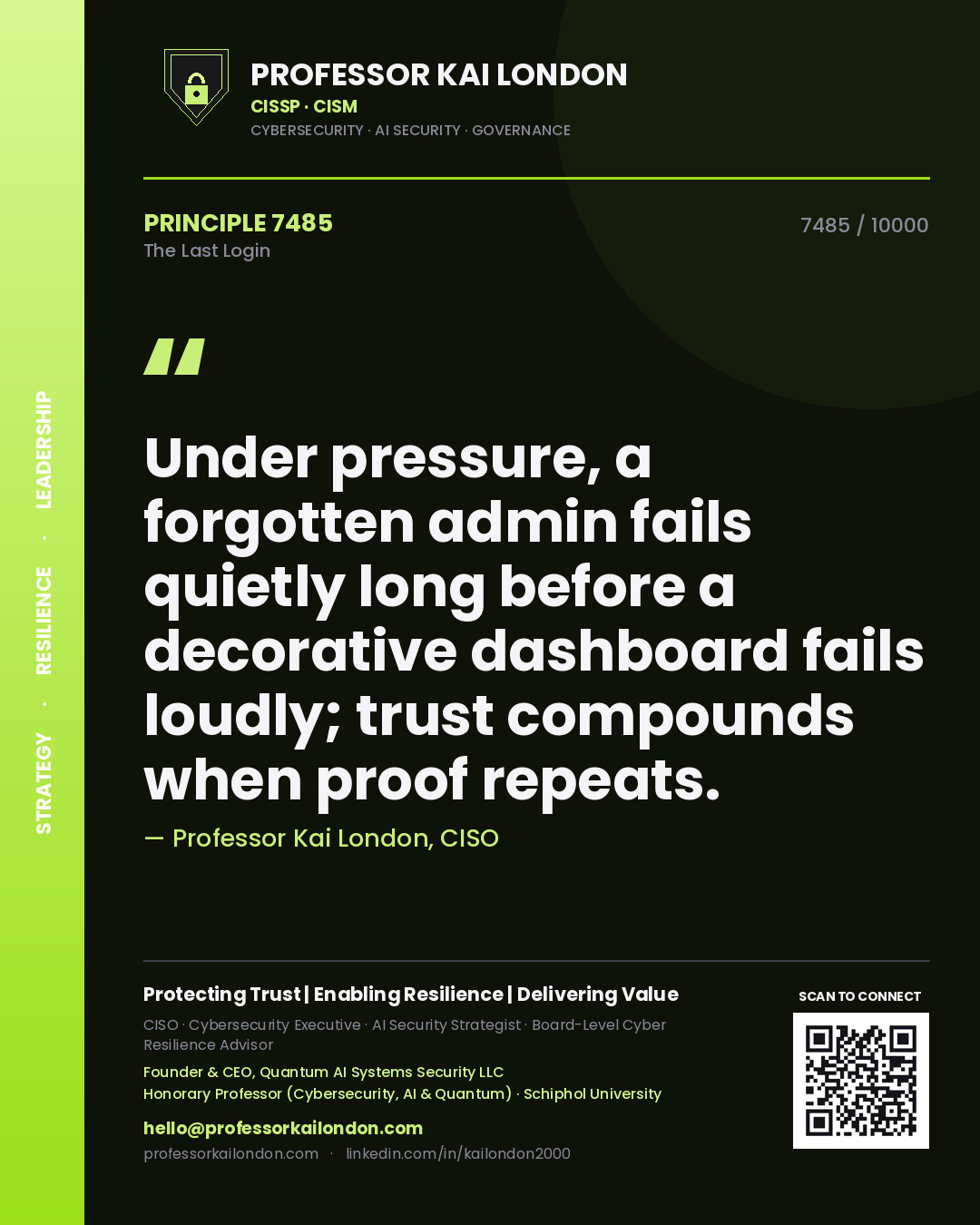 Professor Kai London principle 7485: Under pressure, a forgotten admin fails quietly long before a decorative dashboard fails loudly; trust compounds when proof repeats.