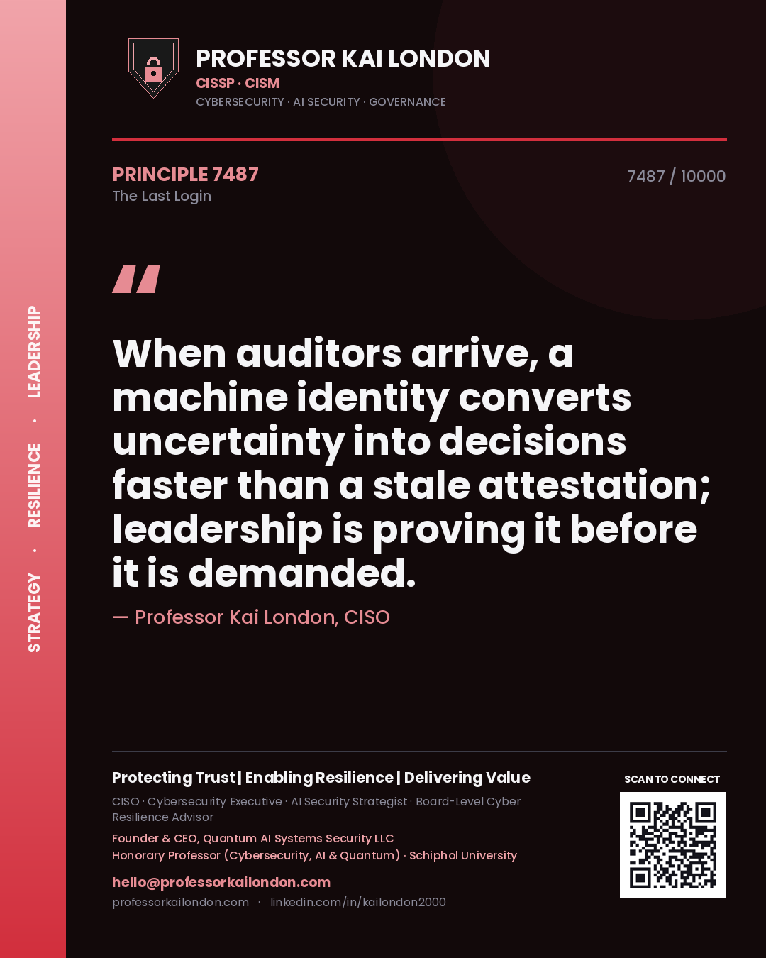Professor Kai London principle 7487: When auditors arrive, a machine identity converts uncertainty into decisions faster than a stale attestation; leadership is proving it before it is demanded.
