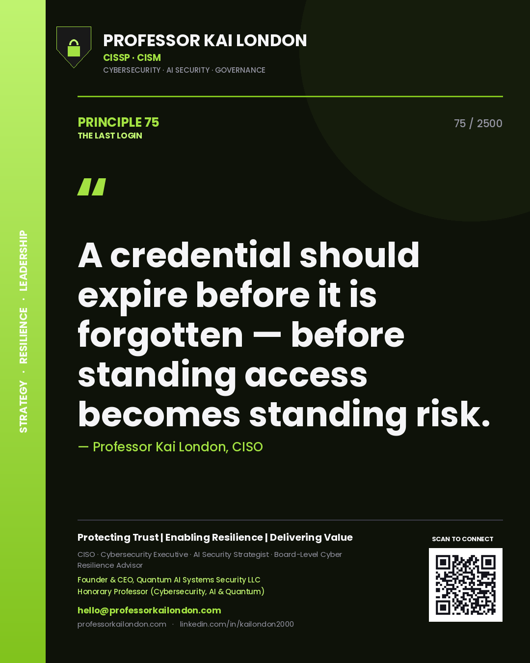 Professor Kai London principle 75: A credential should expire before it is forgotten — before standing access becomes standing risk.