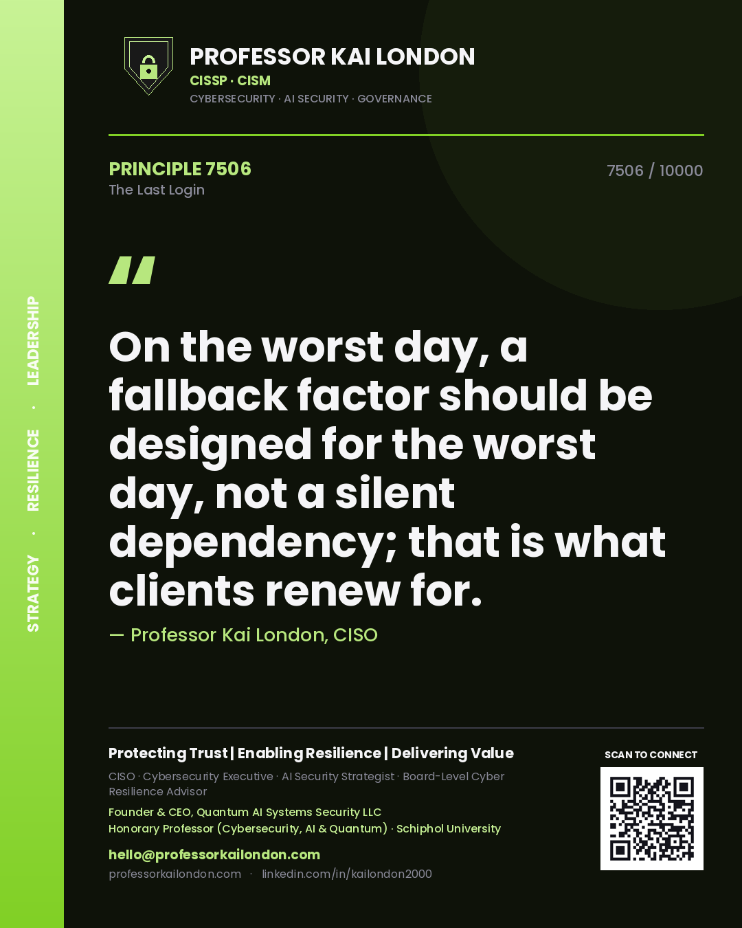 Professor Kai London principle 7506: On the worst day, a fallback factor should be designed for the worst day, not a silent dependency; that is what clients renew for.