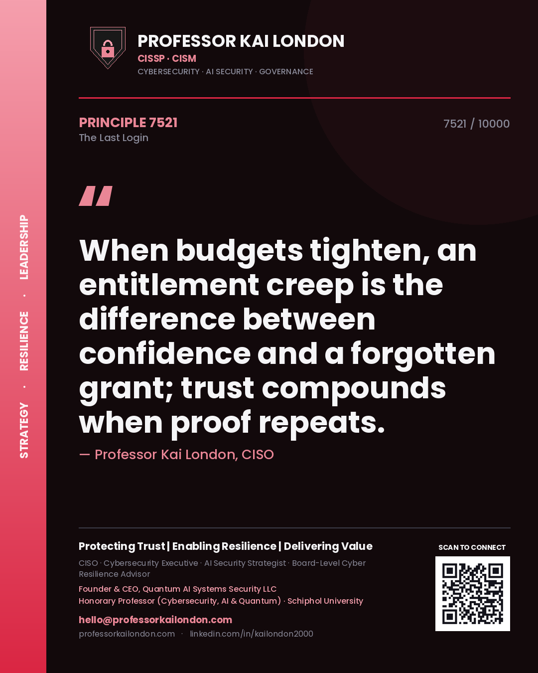 Professor Kai London principle 7521: When budgets tighten, an entitlement creep is the difference between confidence and a forgotten grant; trust compounds when proof repeats.