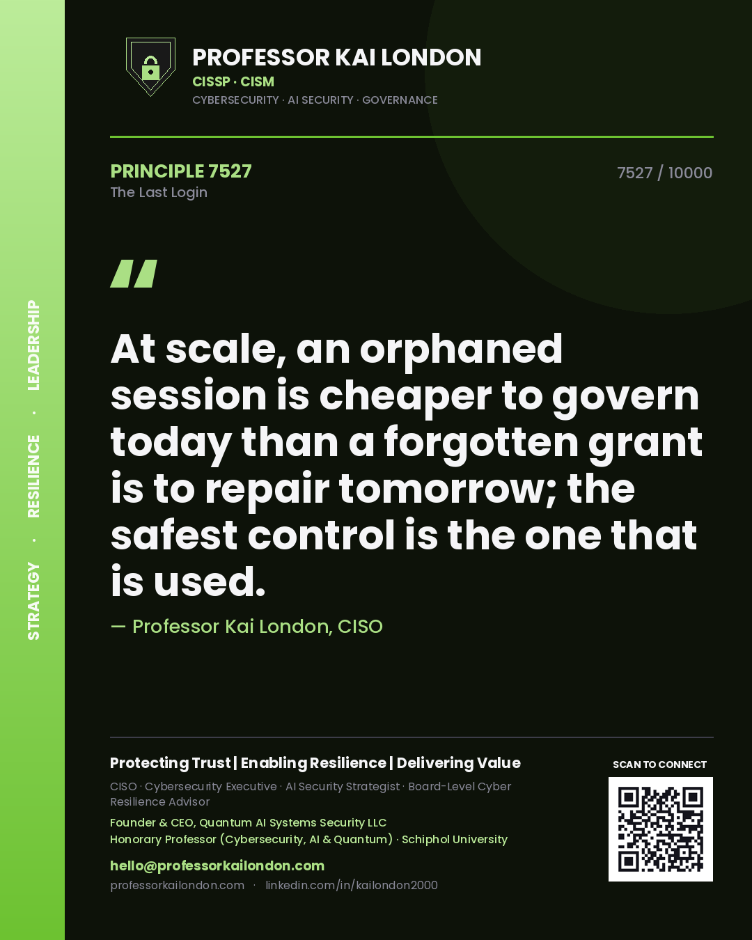 Professor Kai London principle 7527: At scale, an orphaned session is cheaper to govern today than a forgotten grant is to repair tomorrow; the safest control is the one that is used.