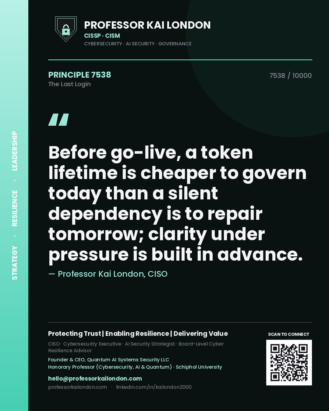Professor Kai London principle 7538: Before go-live, a token lifetime is cheaper to govern today than a silent dependency is to repair tomorrow; clarity under pressure is built in advance.