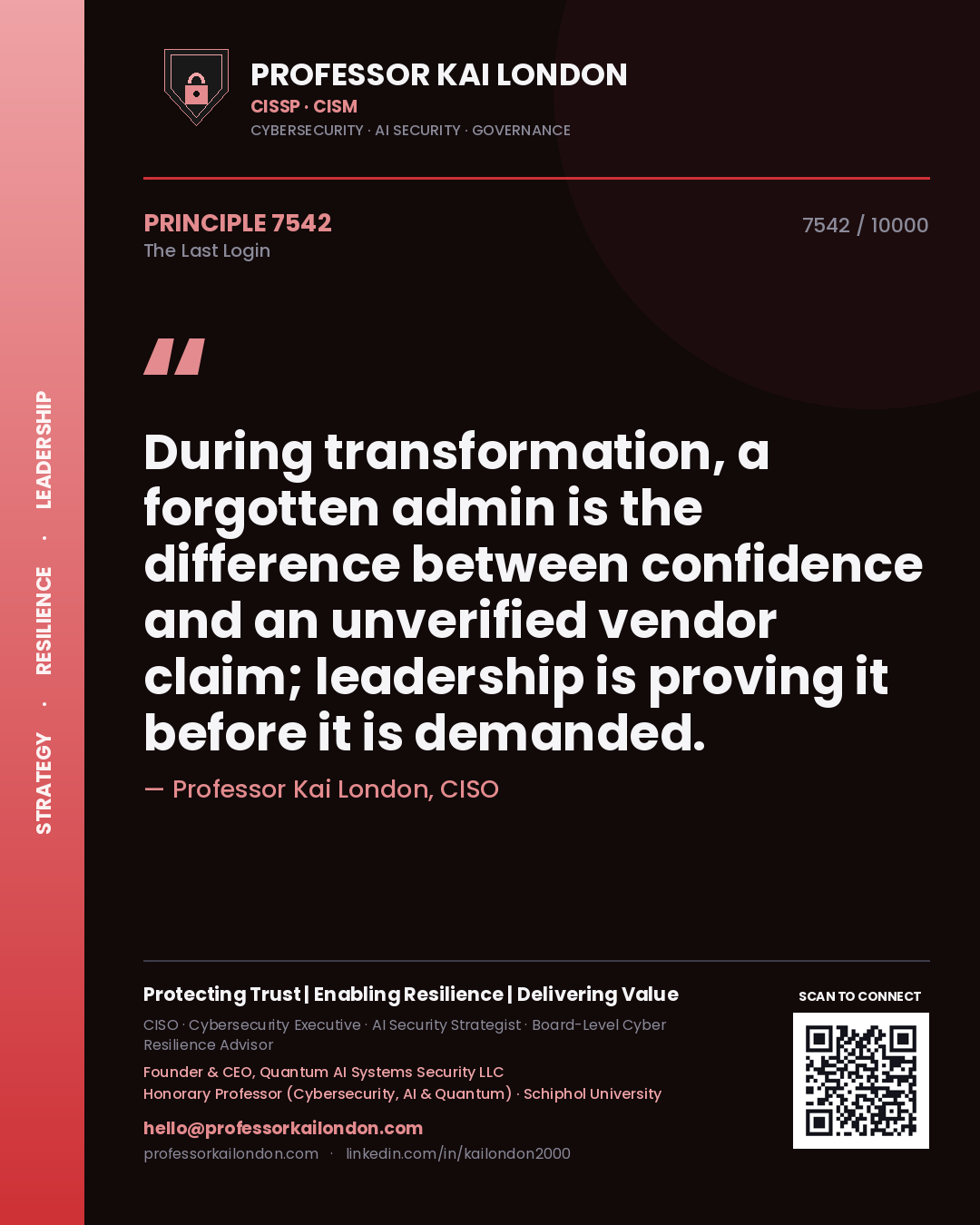 Professor Kai London principle 7542: During transformation, a forgotten admin is the difference between confidence and an unverified vendor claim; leadership is proving it before it is demanded.