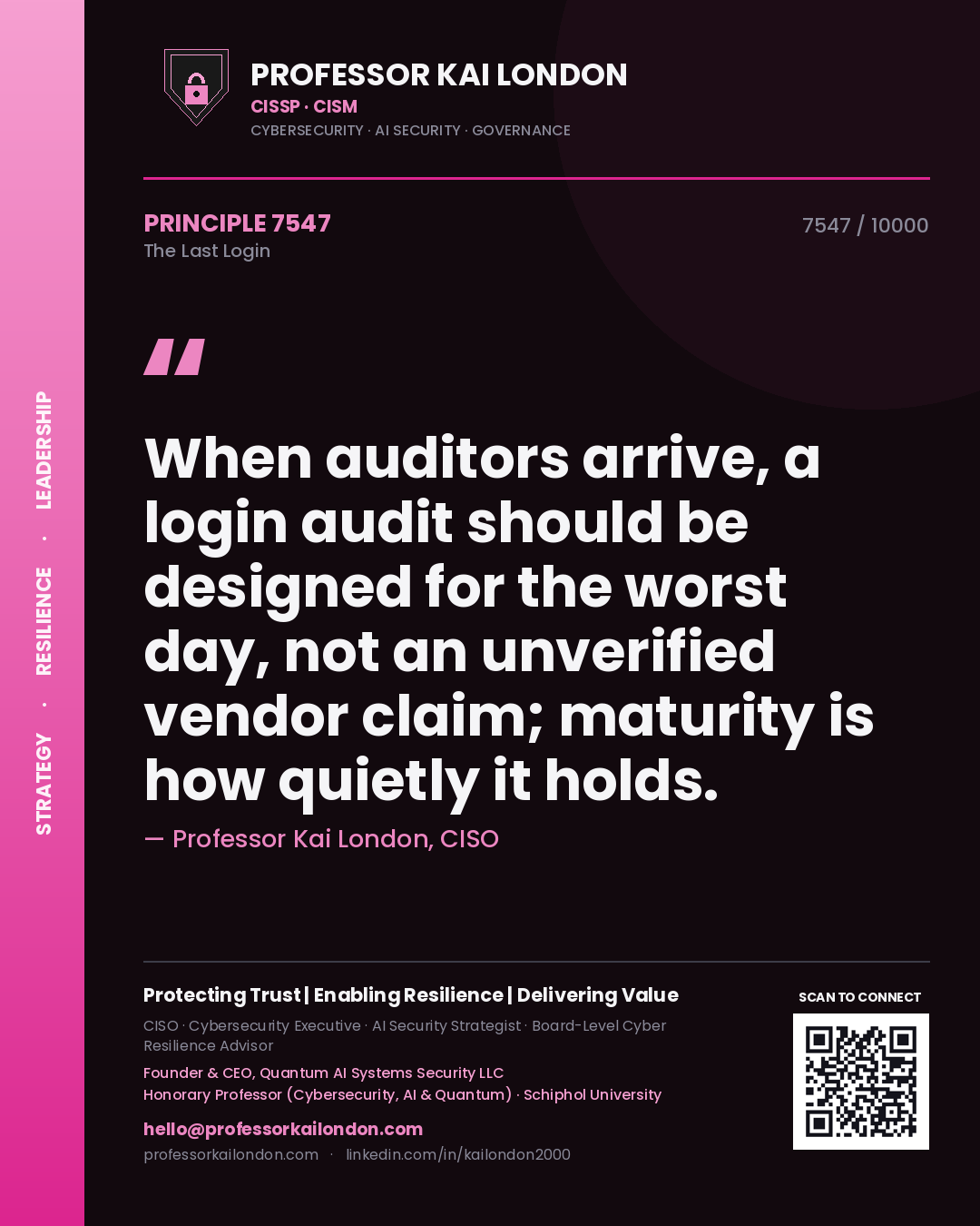 Professor Kai London principle 7547: When auditors arrive, a login audit should be designed for the worst day, not an unverified vendor claim; maturity is how quietly it holds.