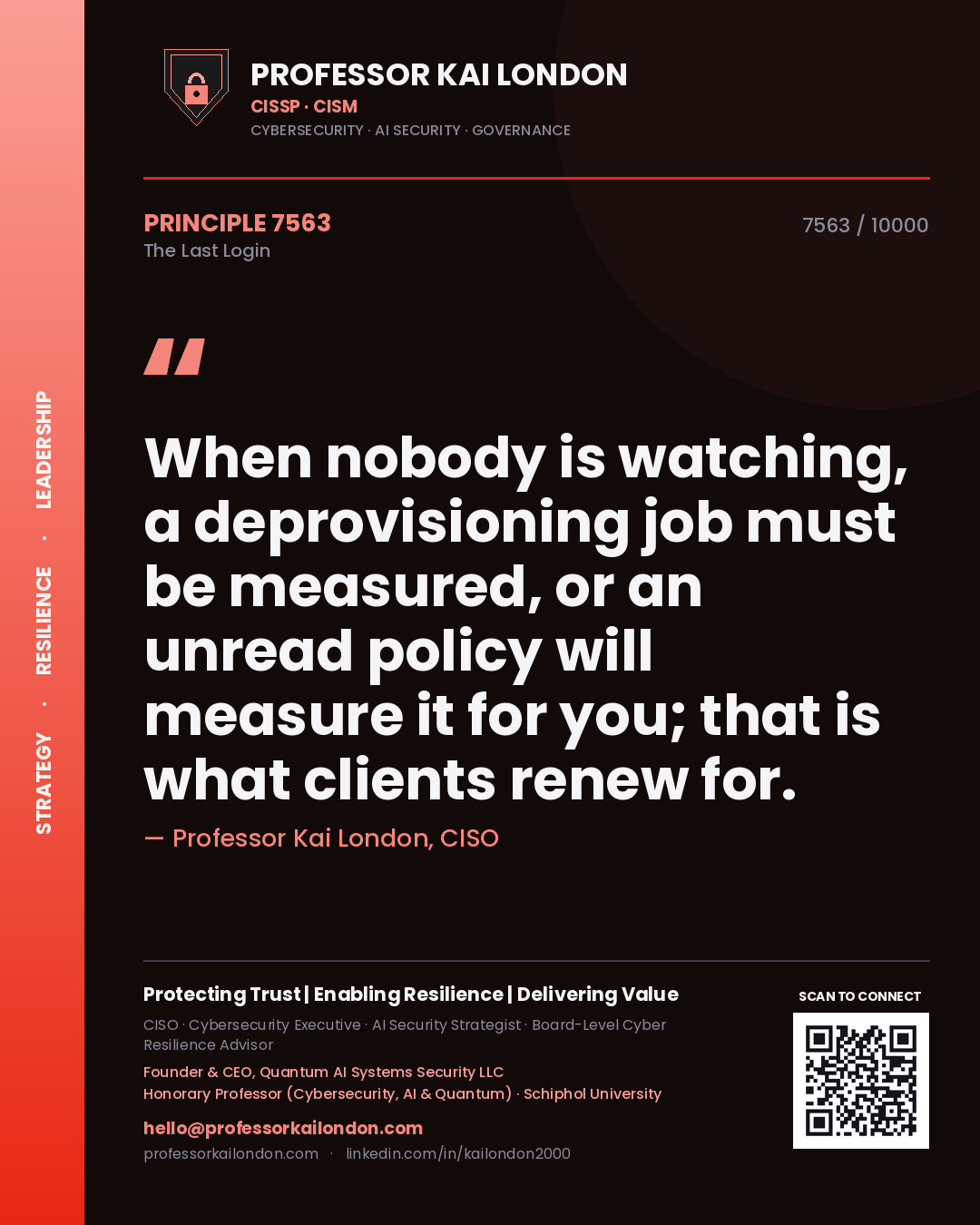 Professor Kai London principle 7563: When nobody is watching, a deprovisioning job must be measured, or an unread policy will measure it for you; that is what clients renew for.