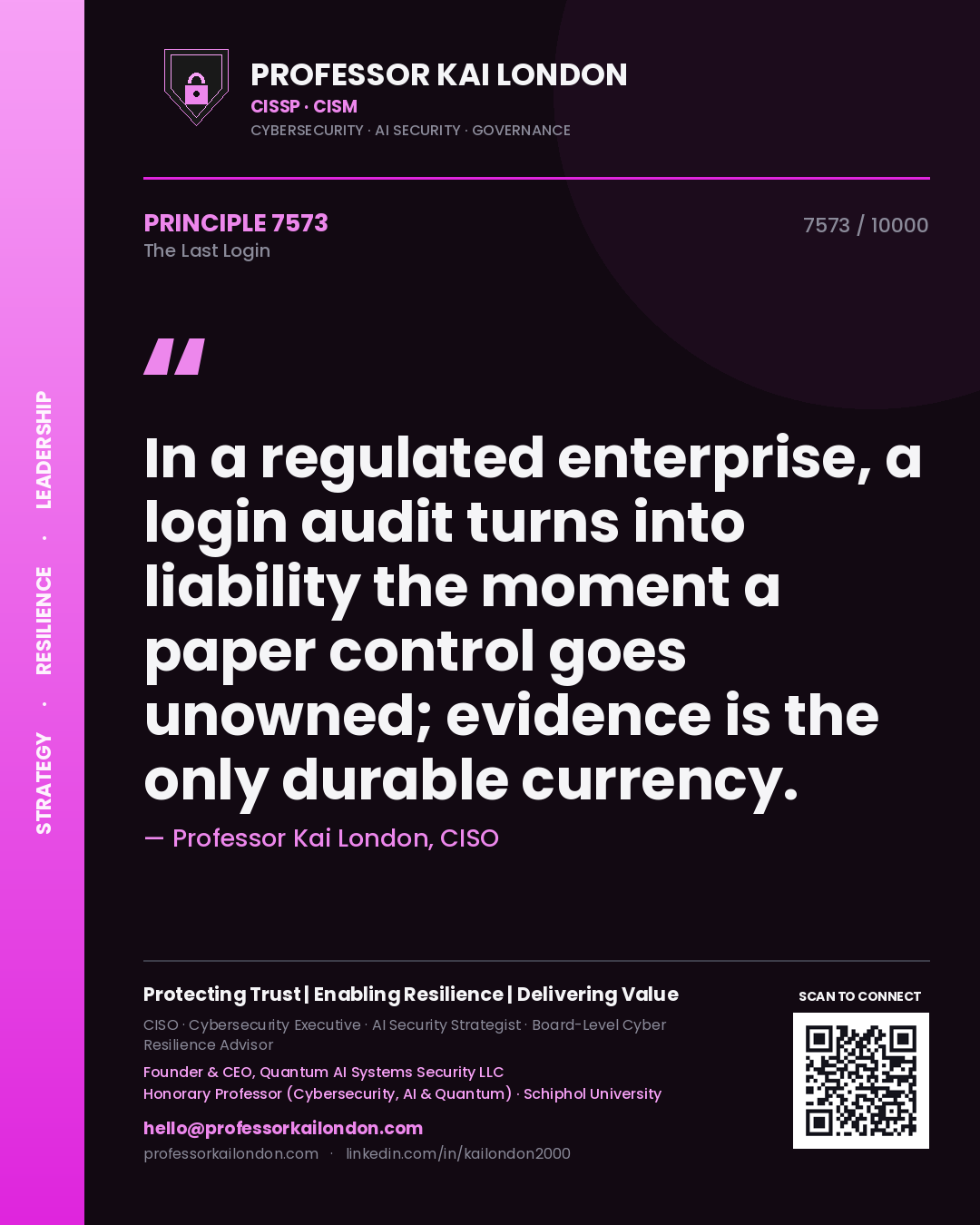 Professor Kai London principle 7573: In a regulated enterprise, a login audit turns into liability the moment a paper control goes unowned; evidence is the only durable currency.