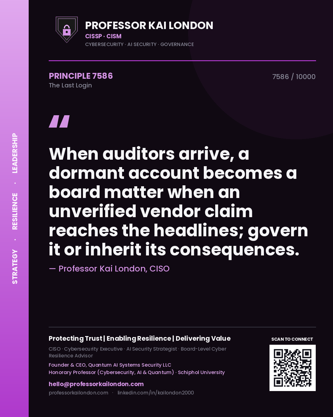 Professor Kai London principle 7586: When auditors arrive, a dormant account becomes a board matter when an unverified vendor claim reaches the headlines; govern it or inherit its consequences.