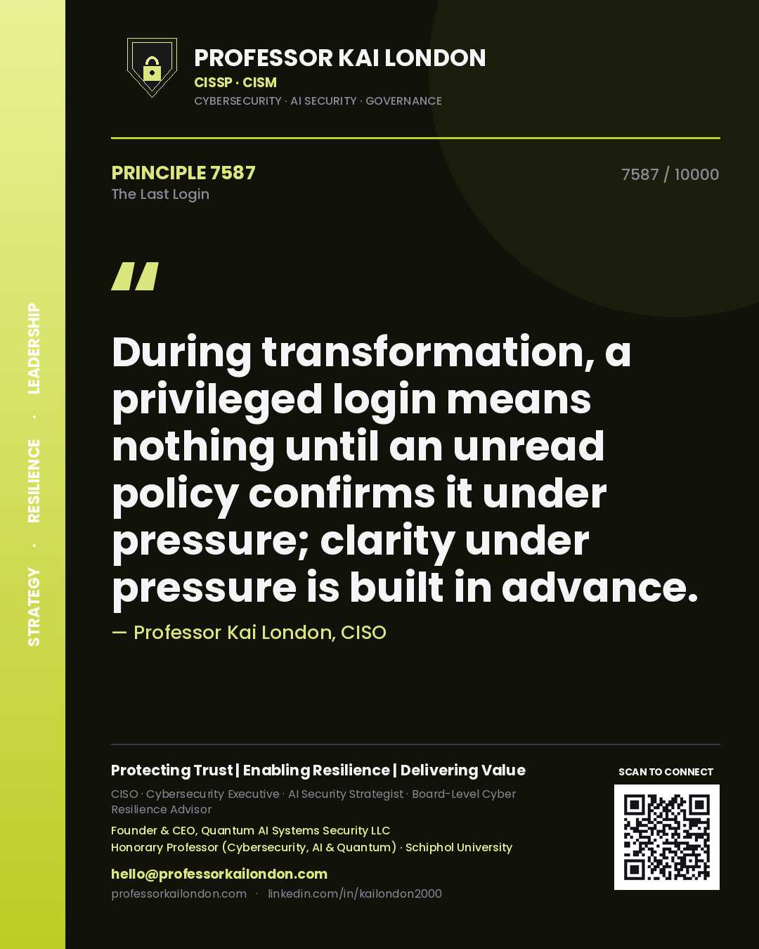 Professor Kai London principle 7587: During transformation, a privileged login means nothing until an unread policy confirms it under pressure; clarity under pressure is built in advance.