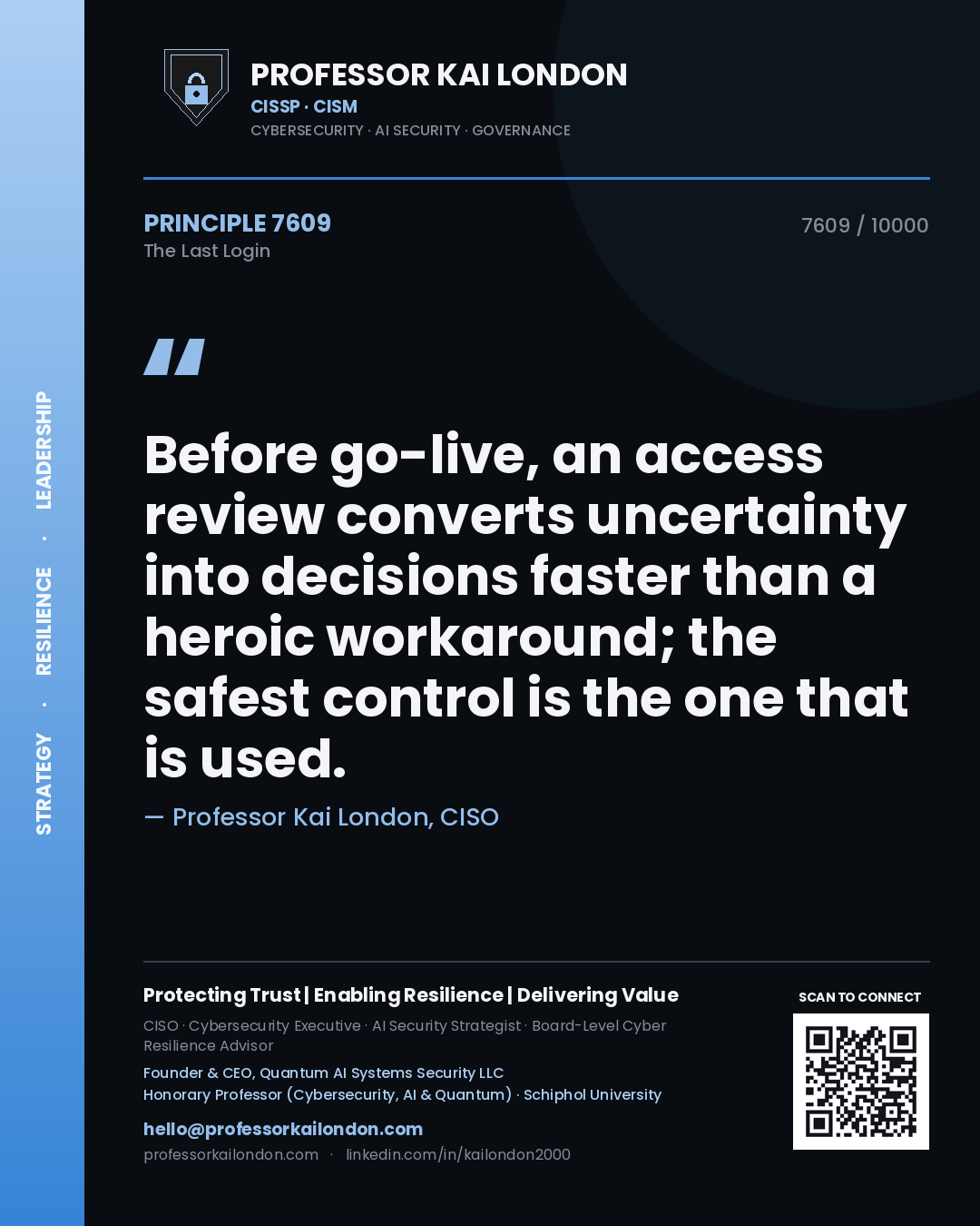 Professor Kai London principle 7609: Before go-live, an access review converts uncertainty into decisions faster than a heroic workaround; the safest control is the one that is used.