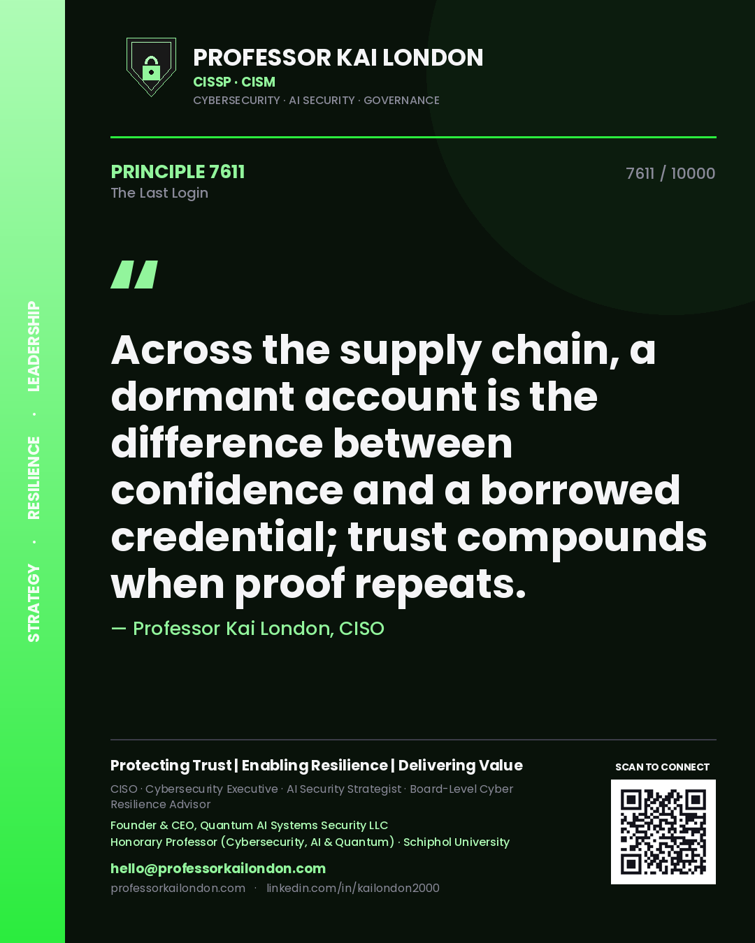 Professor Kai London principle 7611: Across the supply chain, a dormant account is the difference between confidence and a borrowed credential; trust compounds when proof repeats.