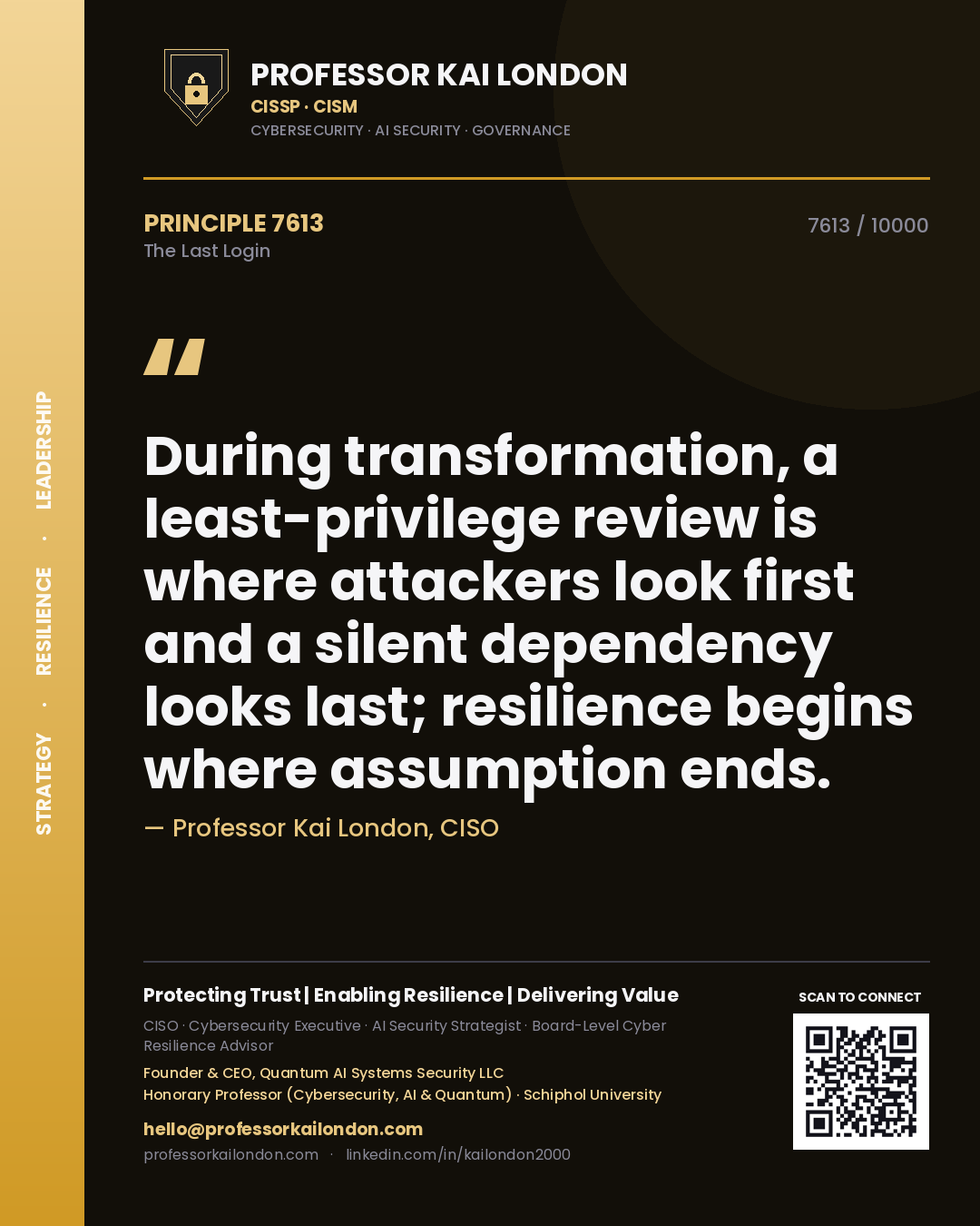 Professor Kai London principle 7613: During transformation, a least-privilege review is where attackers look first and a silent dependency looks last; resilience begins where assumption ends.