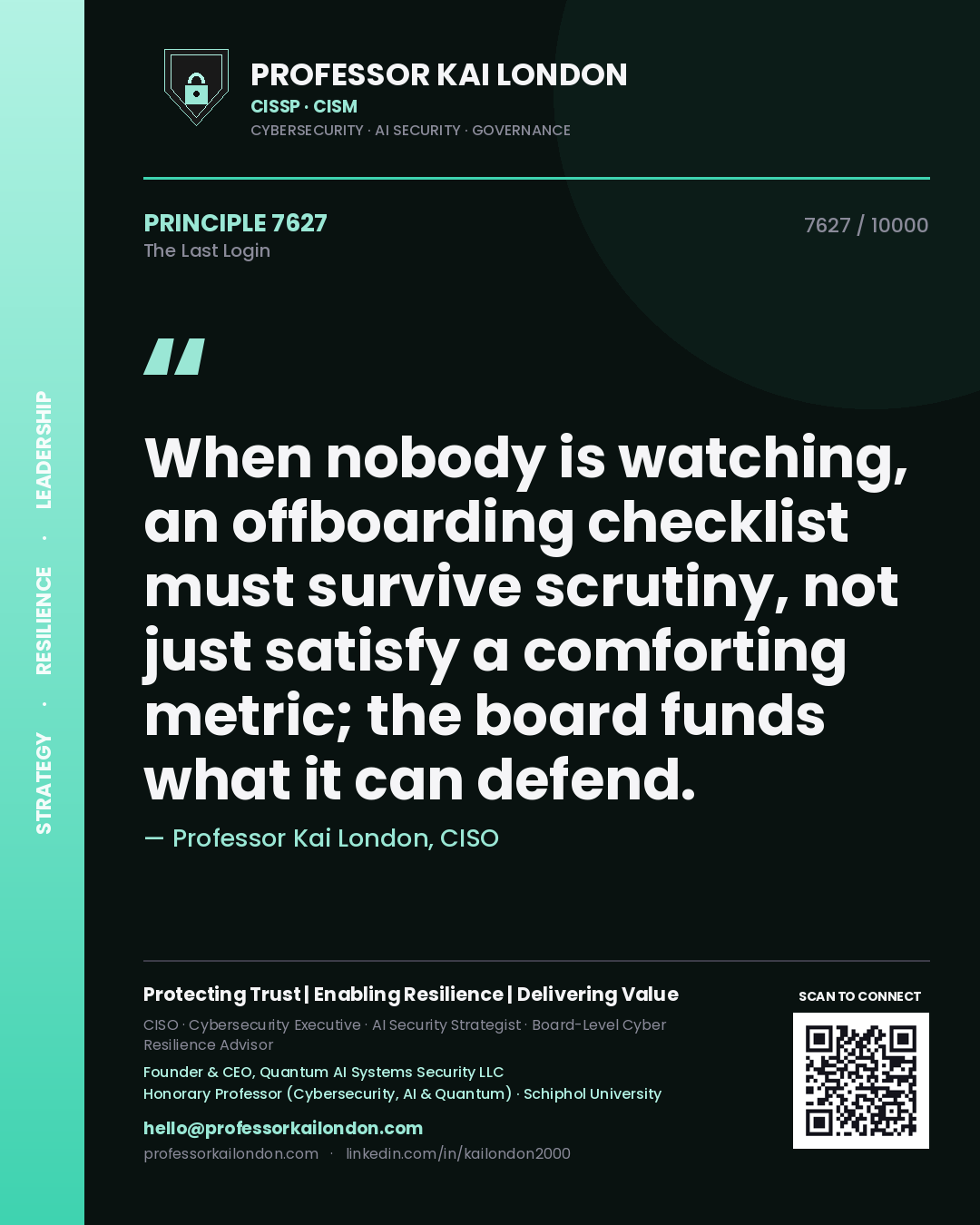 Professor Kai London principle 7627: When nobody is watching, an offboarding checklist must survive scrutiny, not just satisfy a comforting metric; the board funds what it can defend.