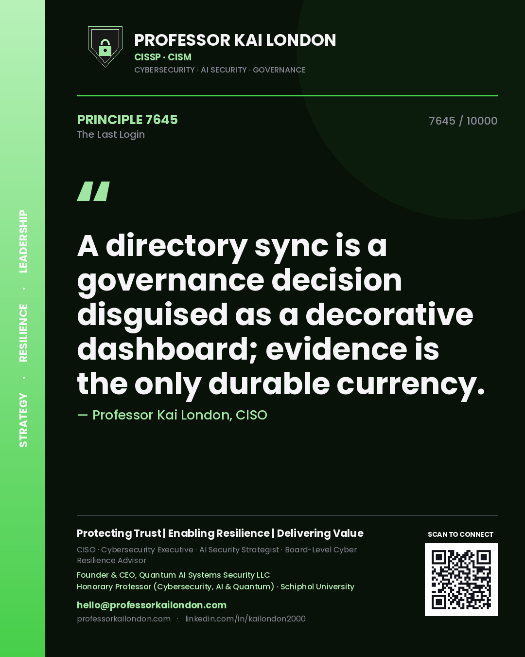Professor Kai London principle 7645: A directory sync is a governance decision disguised as a decorative dashboard; evidence is the only durable currency.