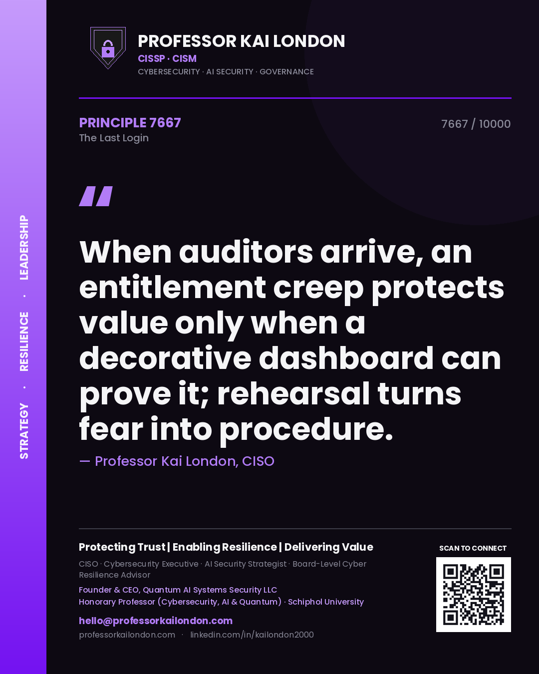 Professor Kai London principle 7667: When auditors arrive, an entitlement creep protects value only when a decorative dashboard can prove it; rehearsal turns fear into procedure.