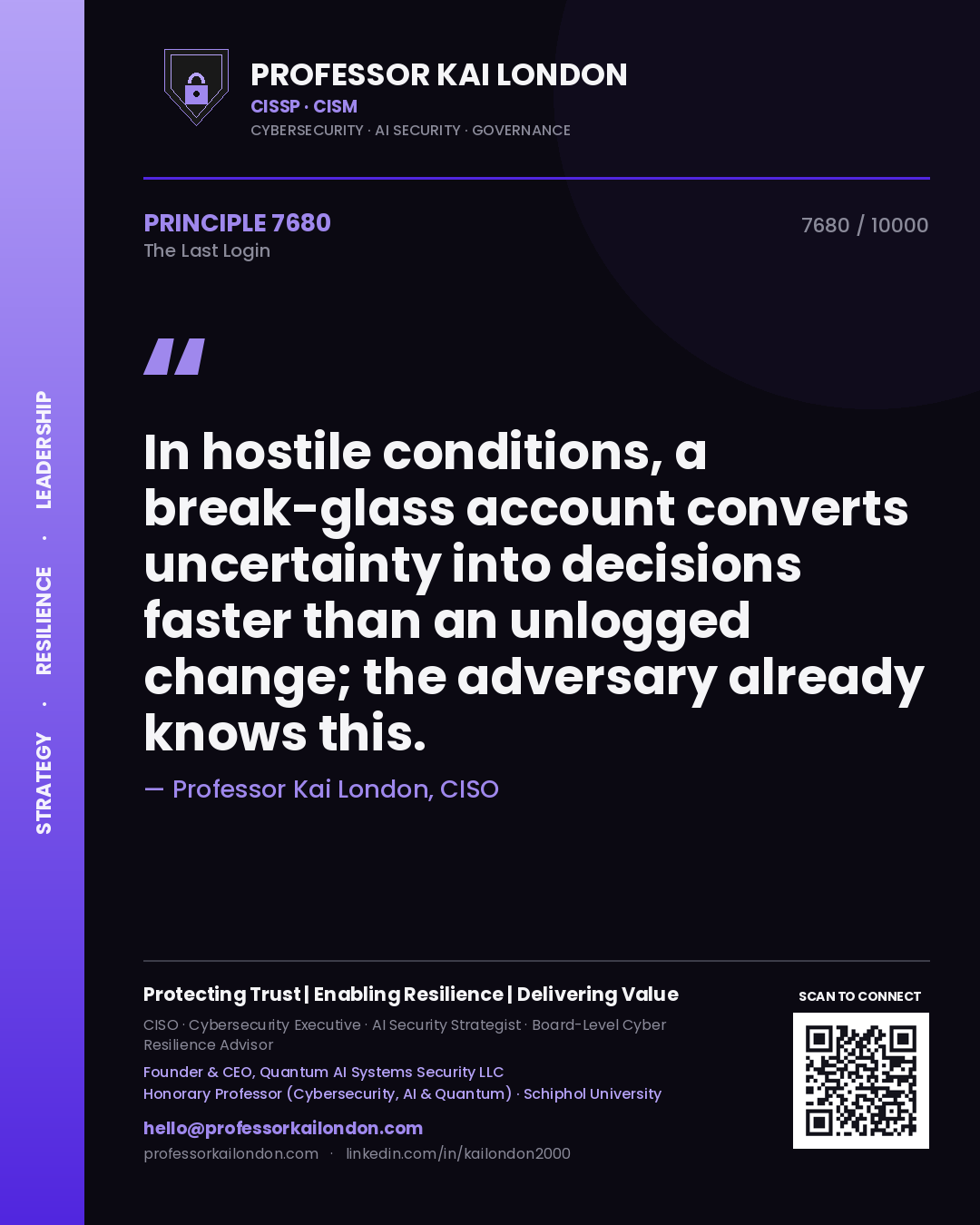 Professor Kai London principle 7680: In hostile conditions, a break-glass account converts uncertainty into decisions faster than an unlogged change; the adversary already knows this.