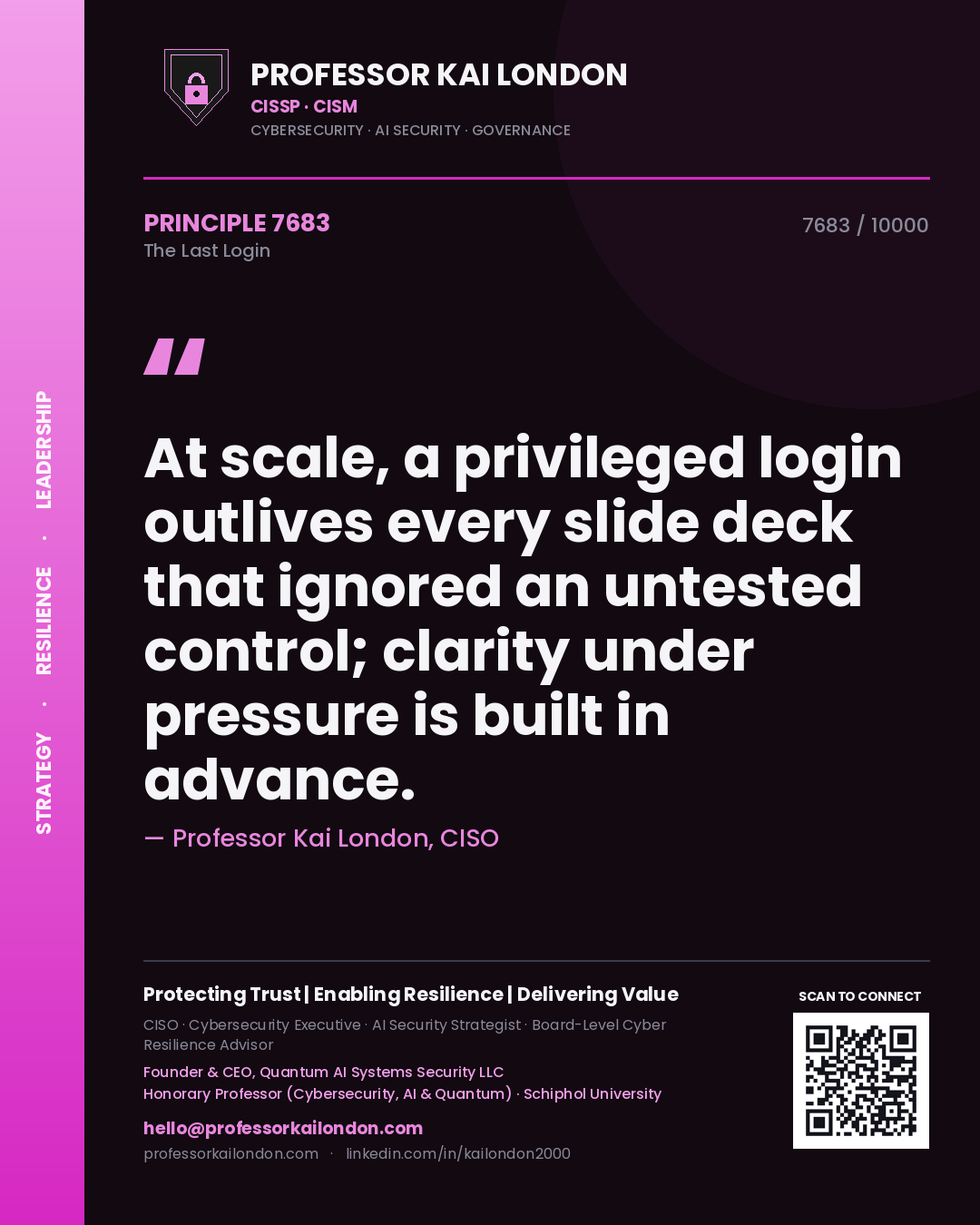 Professor Kai London principle 7683: At scale, a privileged login outlives every slide deck that ignored an untested control; clarity under pressure is built in advance.