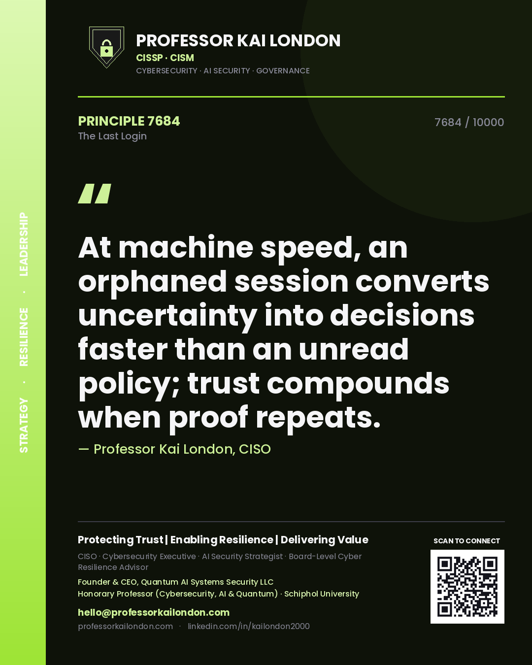 Professor Kai London principle 7684: At machine speed, an orphaned session converts uncertainty into decisions faster than an unread policy; trust compounds when proof repeats.