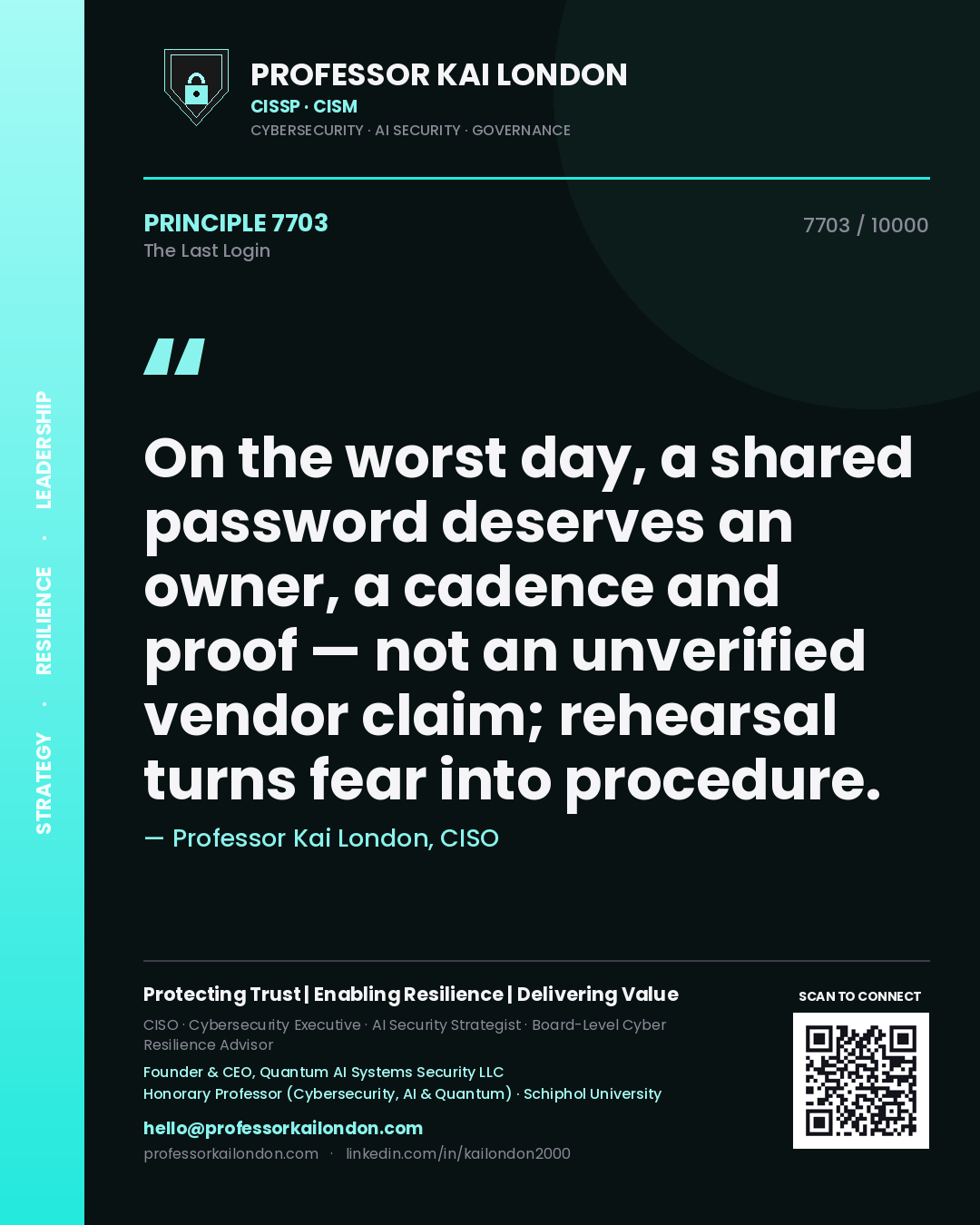 Professor Kai London principle 7703: On the worst day, a shared password deserves an owner, a cadence and proof — not an unverified vendor claim; rehearsal turns fear into procedure.