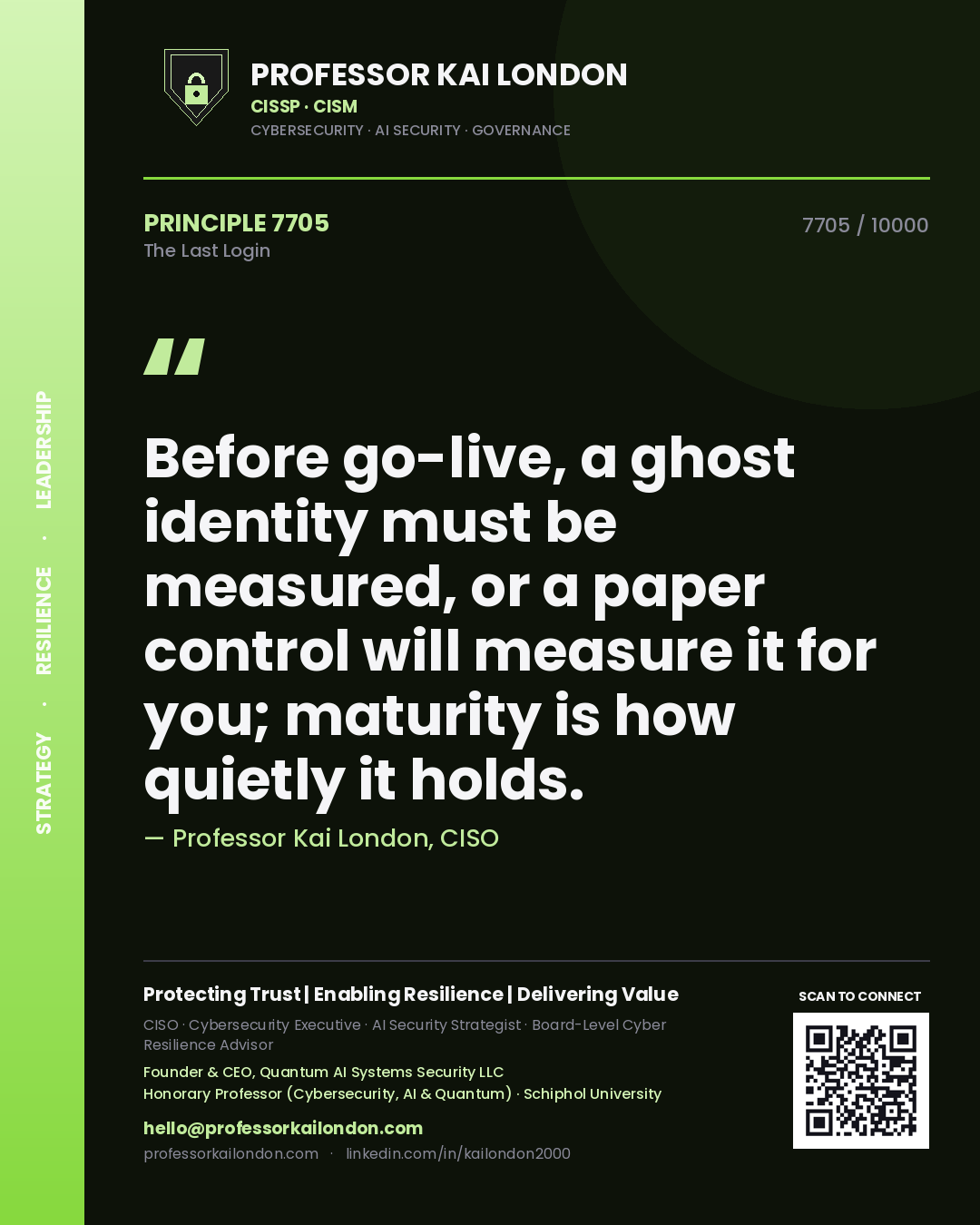 Professor Kai London principle 7705: Before go-live, a ghost identity must be measured, or a paper control will measure it for you; maturity is how quietly it holds.