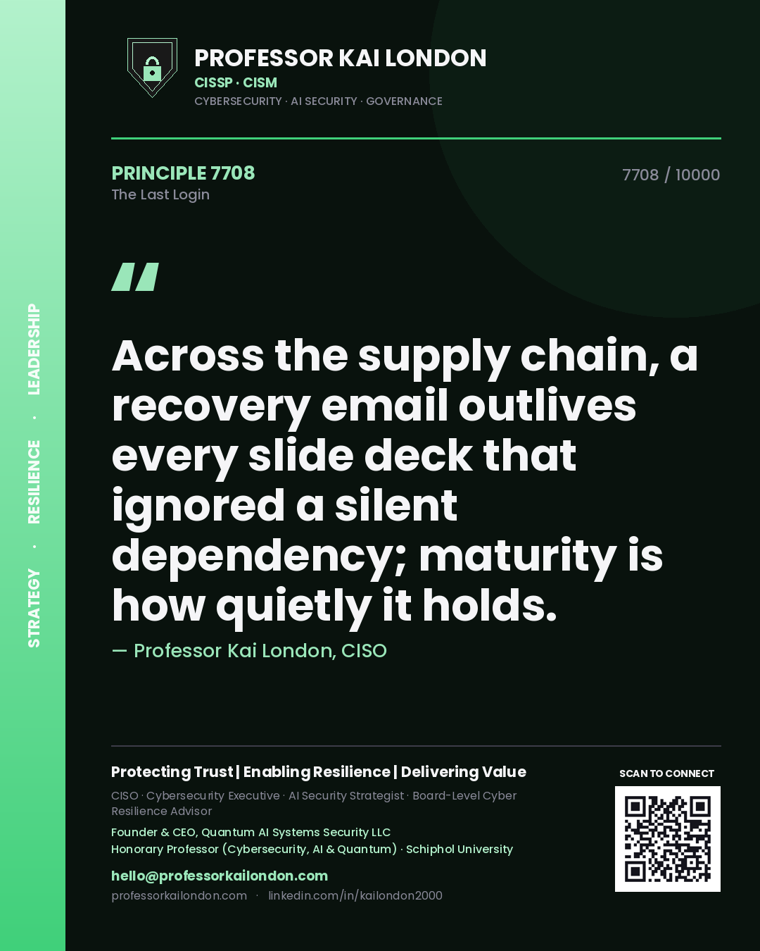 Quote card by Professor Kai London reading 'Across the supply chain, a recovery email outlives every slide deck that ignored a silent dependency; maturity is how quietly it holds.'. From the book The Last Login.
