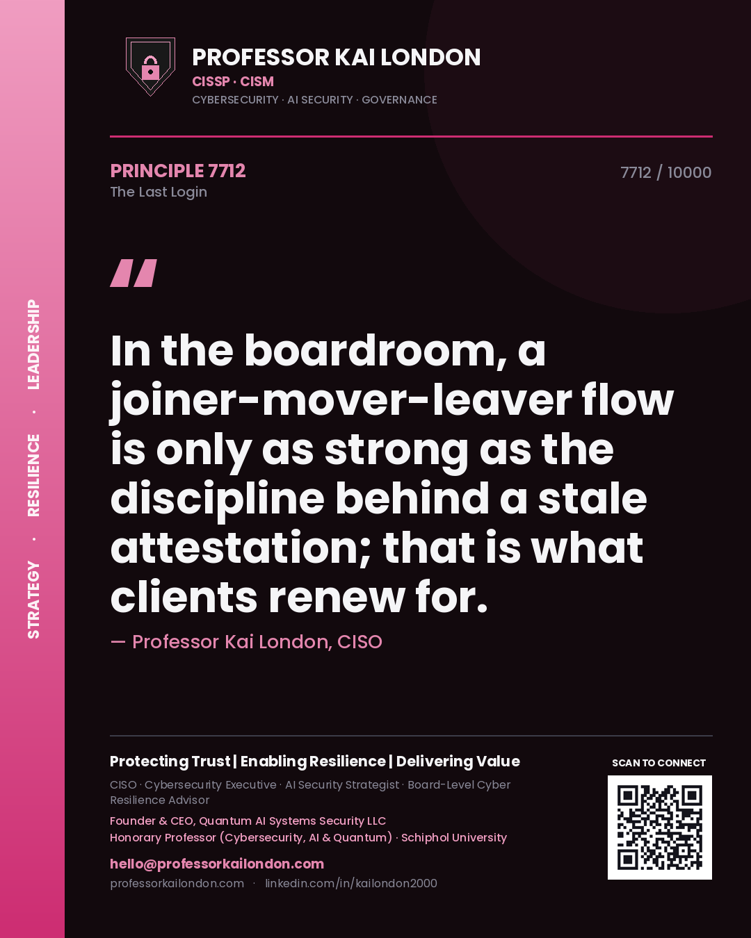 Professor Kai London principle 7712: In the boardroom, a joiner-mover-leaver flow is only as strong as the discipline behind a stale attestation; that is what clients renew for.