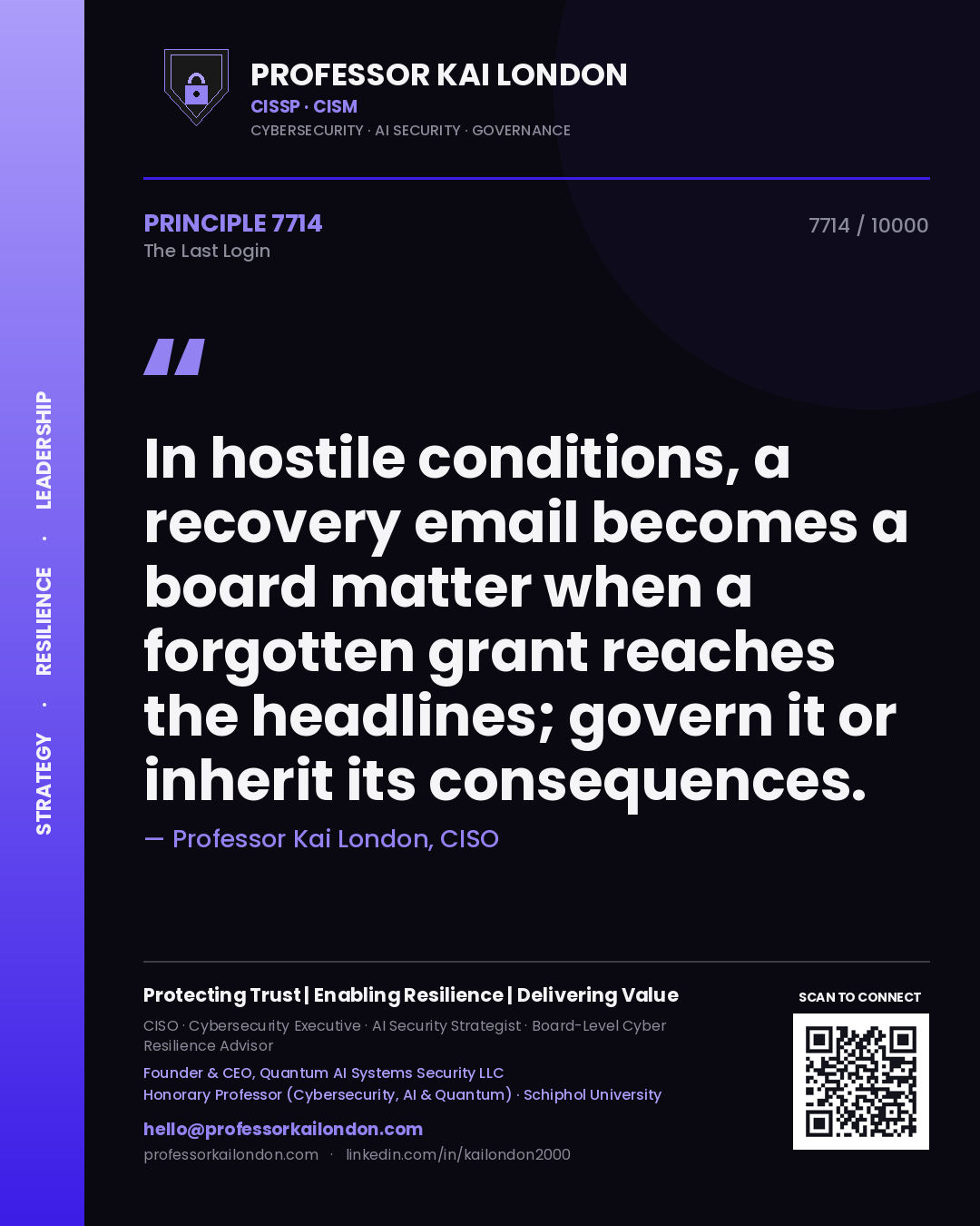 Professor Kai London principle 7714: In hostile conditions, a recovery email becomes a board matter when a forgotten grant reaches the headlines; govern it or inherit its consequences.
