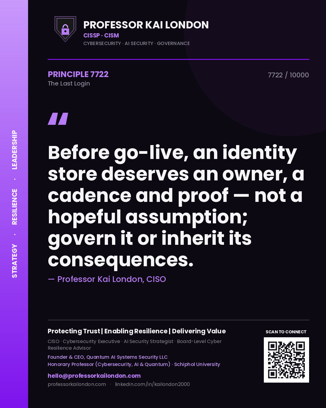 Professor Kai London principle 7722: Before go-live, an identity store deserves an owner, a cadence and proof — not a hopeful assumption; govern it or inherit its consequences.