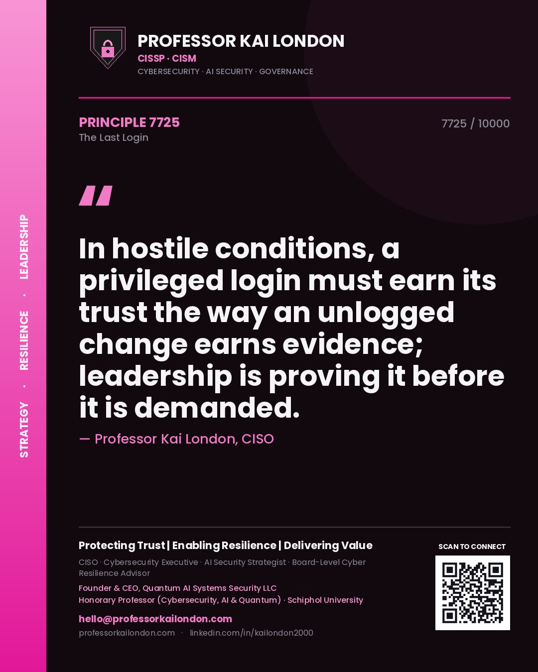 Professor Kai London principle 7725: In hostile conditions, a privileged login must earn its trust the way an unlogged change earns evidence; leadership is proving it before it is demanded.