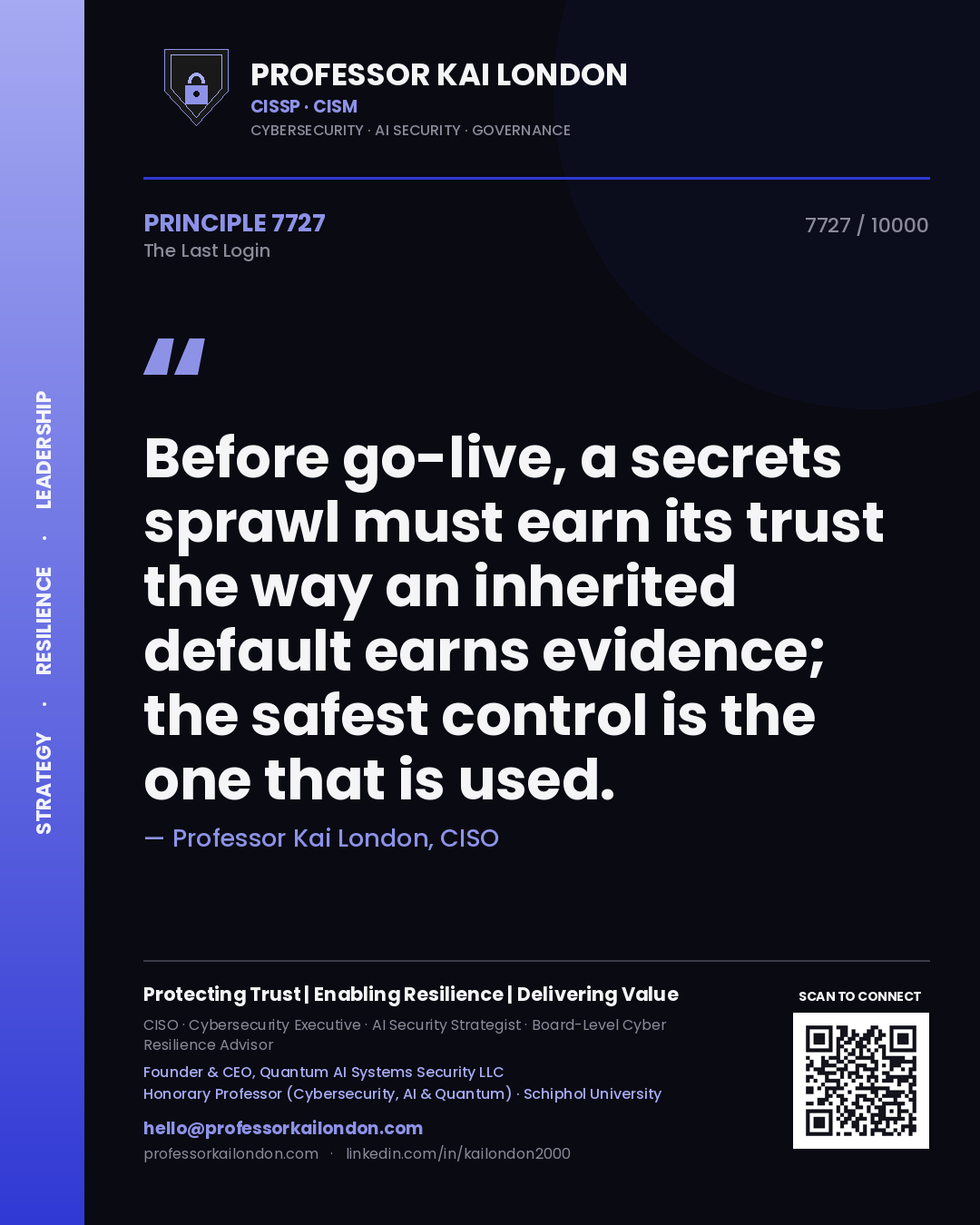 Professor Kai London principle 7727: Before go-live, a secrets sprawl must earn its trust the way an inherited default earns evidence; the safest control is the one that is used.