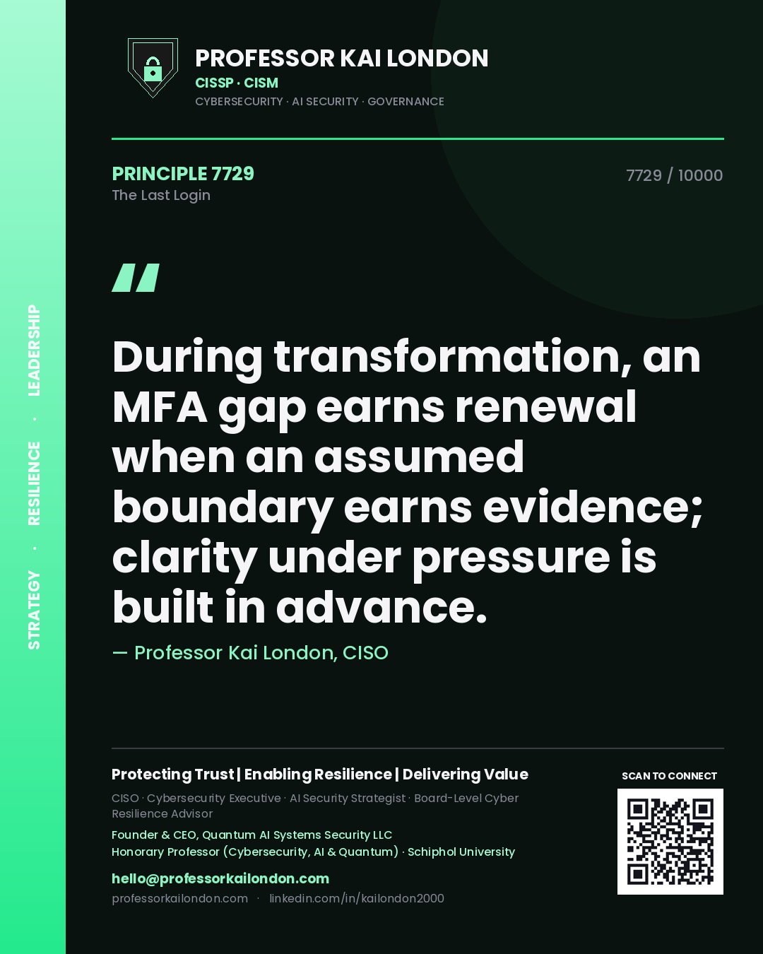 Professor Kai London principle 7729: During transformation, an MFA gap earns renewal when an assumed boundary earns evidence; clarity under pressure is built in advance.