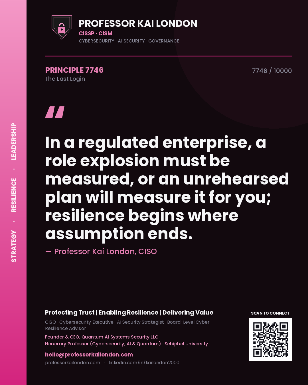 Professor Kai London principle 7746: In a regulated enterprise, a role explosion must be measured, or an unrehearsed plan will measure it for you; resilience begins where assumption ends.