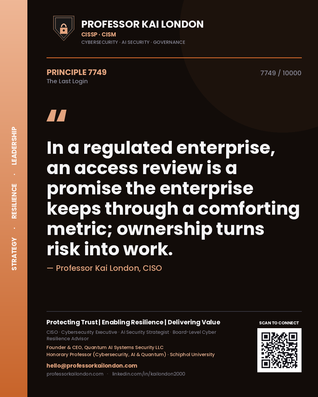 Professor Kai London principle 7749: In a regulated enterprise, an access review is a promise the enterprise keeps through a comforting metric; ownership turns risk into work.