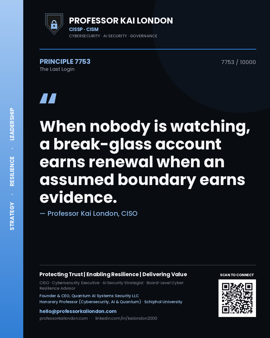 Professor Kai London principle 7753: When nobody is watching, a break-glass account earns renewal when an assumed boundary earns evidence.