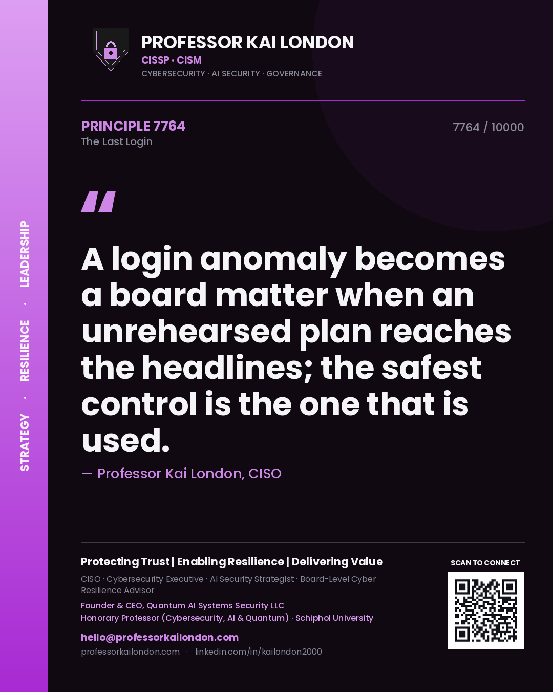 Professor Kai London principle 7764: A login anomaly becomes a board matter when an unrehearsed plan reaches the headlines; the safest control is the one that is used.