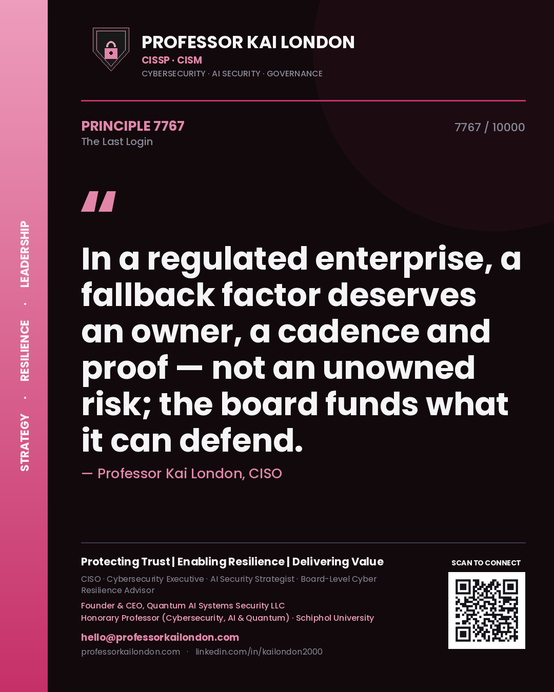 Professor Kai London principle 7767: In a regulated enterprise, a fallback factor deserves an owner, a cadence and proof — not an unowned risk; the board funds what it can defend.