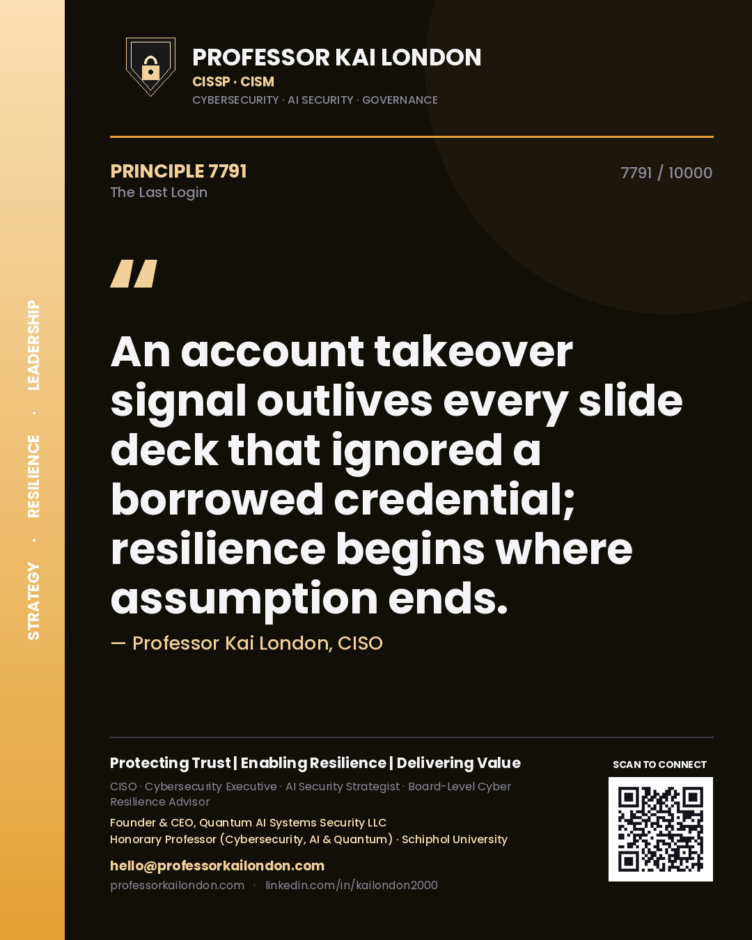 Professor Kai London principle 7791: An account takeover signal outlives every slide deck that ignored a borrowed credential; resilience begins where assumption ends.