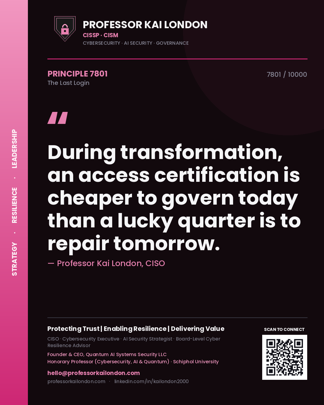 Professor Kai London principle 7801: During transformation, an access certification is cheaper to govern today than a lucky quarter is to repair tomorrow.