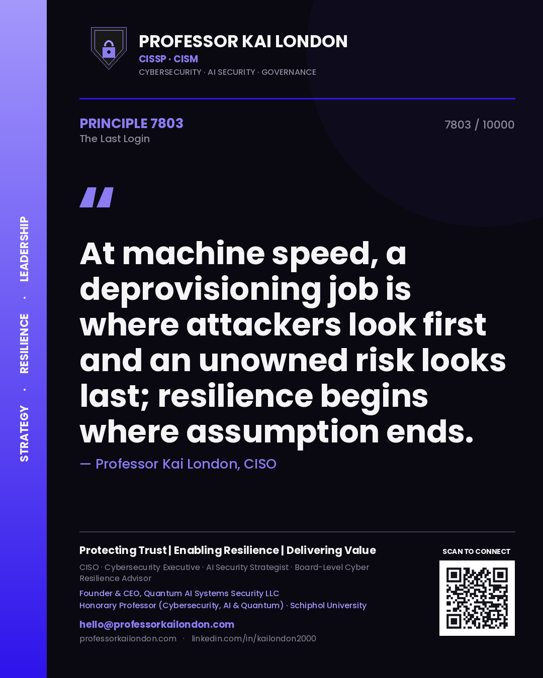 Professor Kai London principle 7803: At machine speed, a deprovisioning job is where attackers look first and an unowned risk looks last; resilience begins where assumption ends.