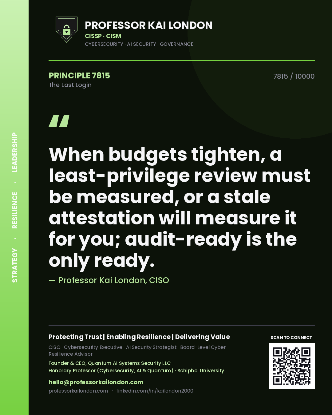 Professor Kai London principle 7815: When budgets tighten, a least-privilege review must be measured, or a stale attestation will measure it for you; audit-ready is the only ready.