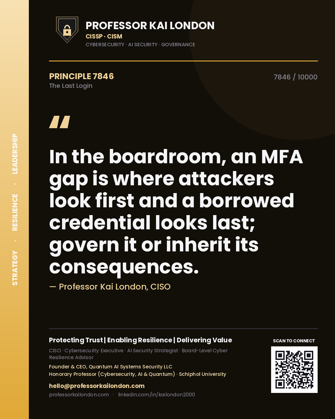 Professor Kai London principle 7846: In the boardroom, an MFA gap is where attackers look first and a borrowed credential looks last; govern it or inherit its consequences.